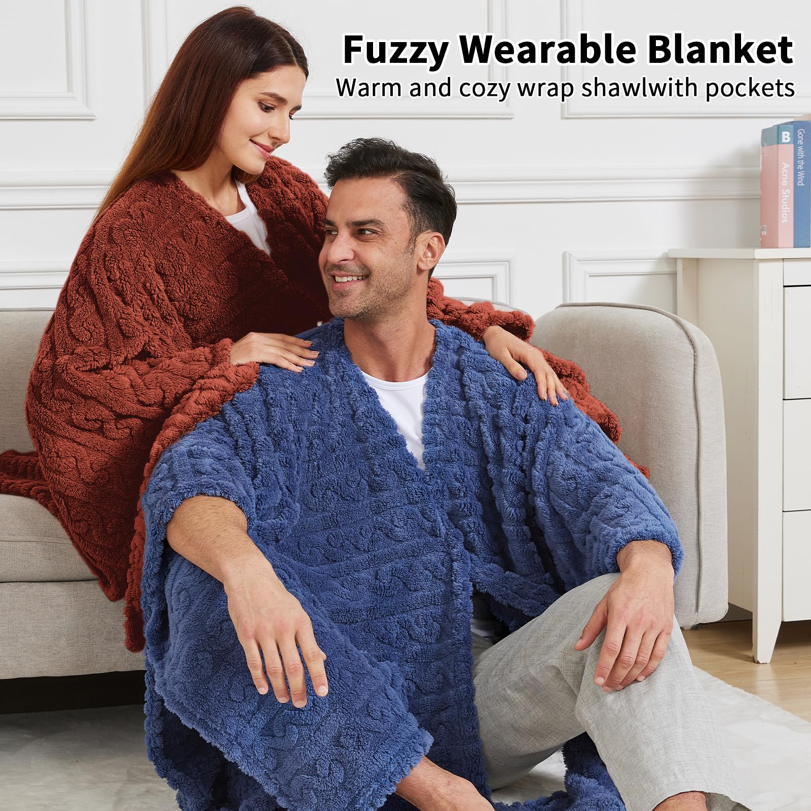 Wearable Blanket Poncho Cape Wrap for Adult, Cozy Sherpa Fleece Pocketed Shawl TV Throw Blankets for Office and Lounge(Caramel,58'' x 64'')