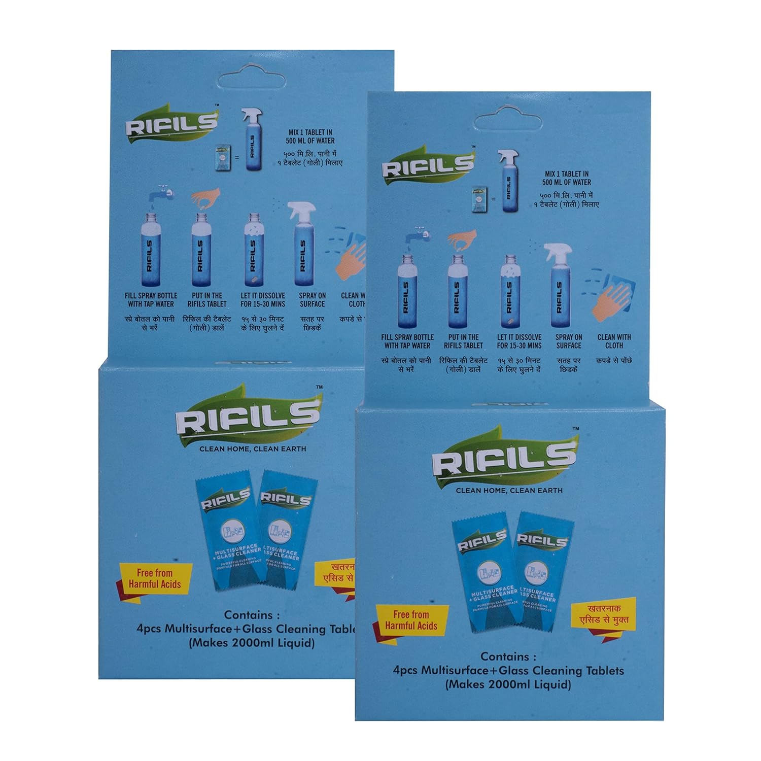 Rifils glass cleaner, Cleaning Tablets 4Pc+4Pc Tablets 4ltr,1 Tablet= 500ml liquid, multi