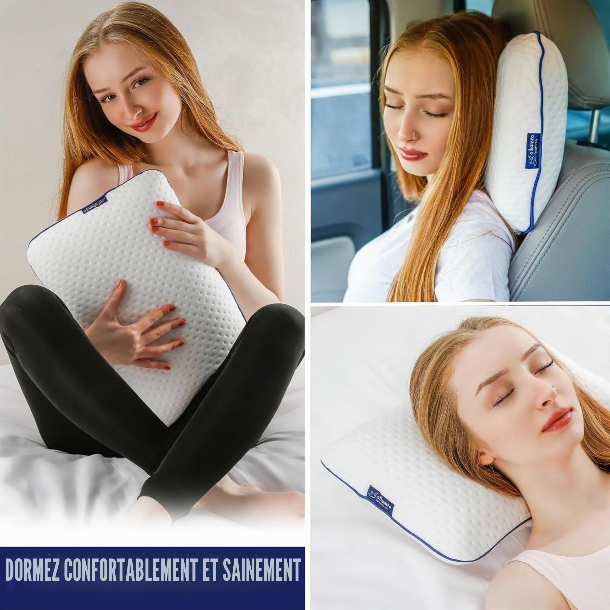 alkamto Oreiller de Voyage Ergonomique en Mousse à mémoire de Forme avec Coussin thermorégulateur - Sac de Transport étanche Inclus