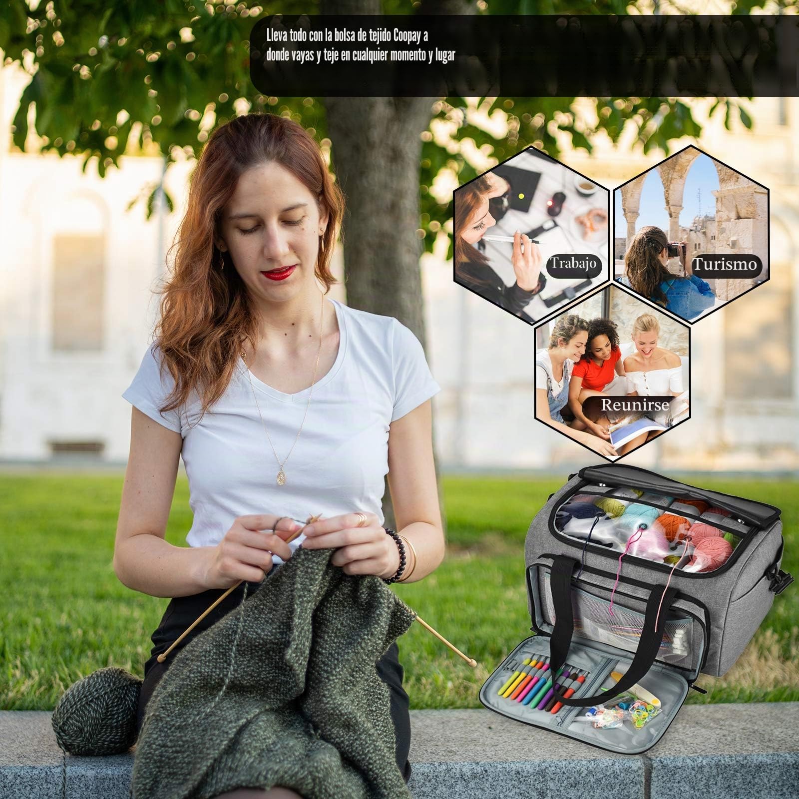 Coopay Bolsa de Hilo, Bolsa de Manualidades para Kit de Ganchillo y Almacenamiento de Kit de Punto de Cruz, Organizador de Hilo para Principiantes y Profesionales, Tela Oxford, Gris
