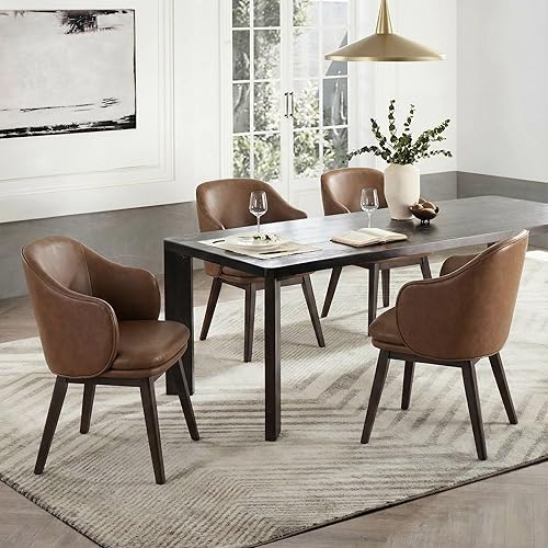 Wooden Dining Chairs Set of 4, Faux Leather Upholstered Modern Dining Room Chairs with Barrel Backrest & Double-Layer Thick Cushion for Living Room, Restaurant, Kitchen and Café, Brown, 2 Boxs