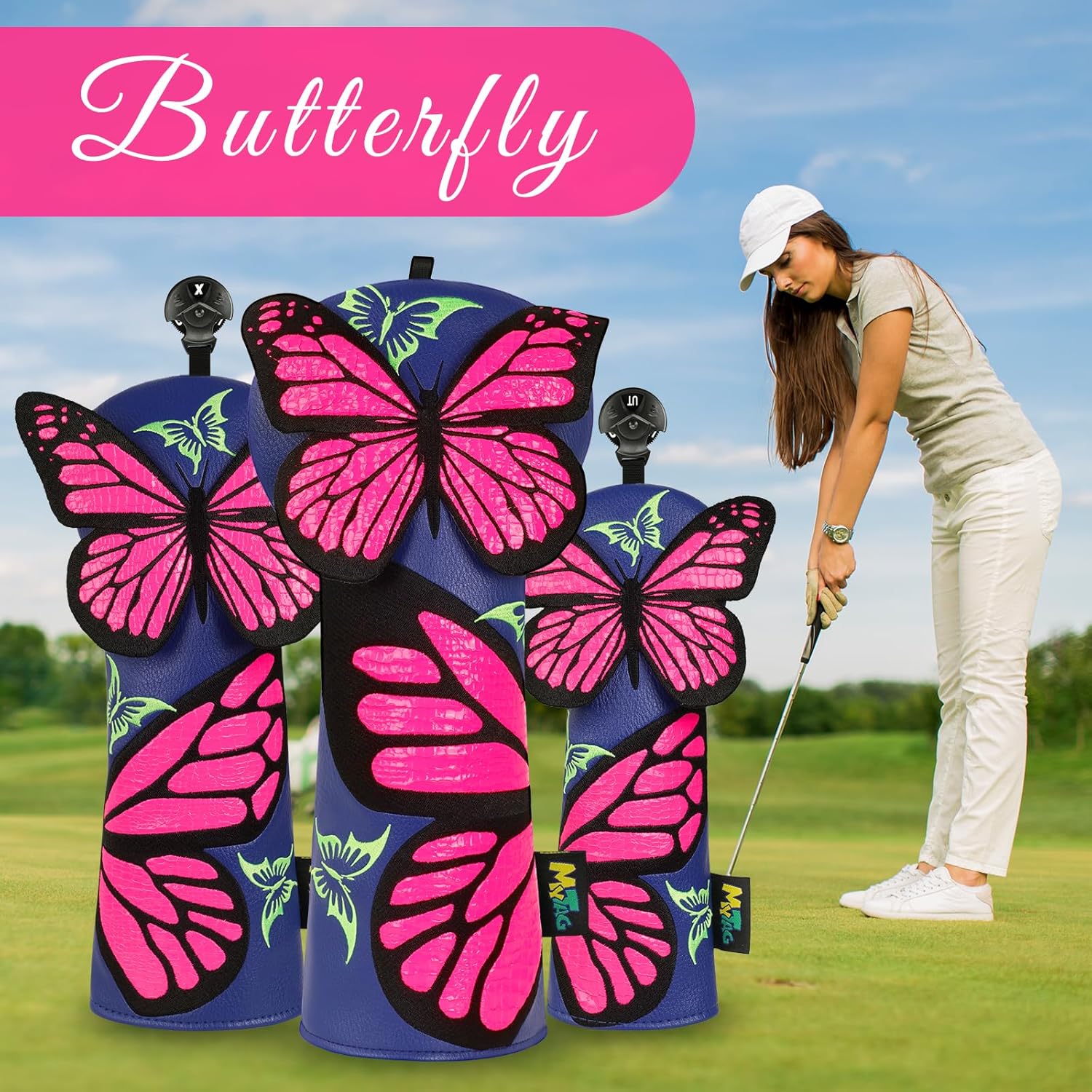 mytag Butterfly Patch Golf Club Covers, Golf Head Covers for Woods and Driver 3D Craft Blue Headcover