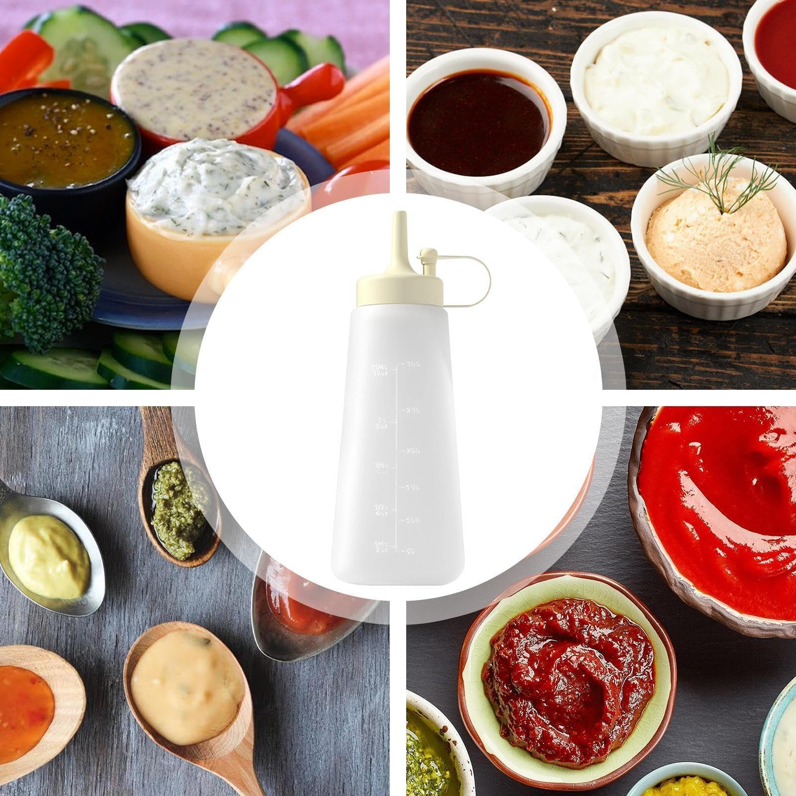 Dispensador de salsas, botella de almacenamiento de alimentos de 300 ml con cierre seguro y punta de vertido controlada, herramienta de cocina recargable para cocinar, catering, servicio de picnic