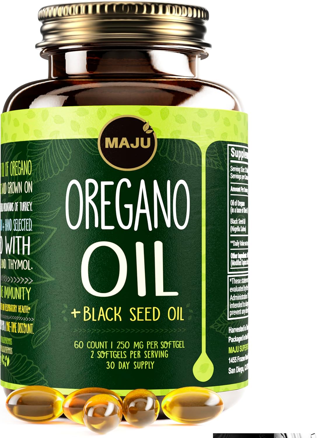 MAJU Oregano Capsules w/Black Seed Oil, 2-in-1 Softgel Oil of Oregano, Potent 90%+ Carvacrol, High Thymoquinone, 60 Count, 500mg per Serving, Wild Oregano and Black Seeds