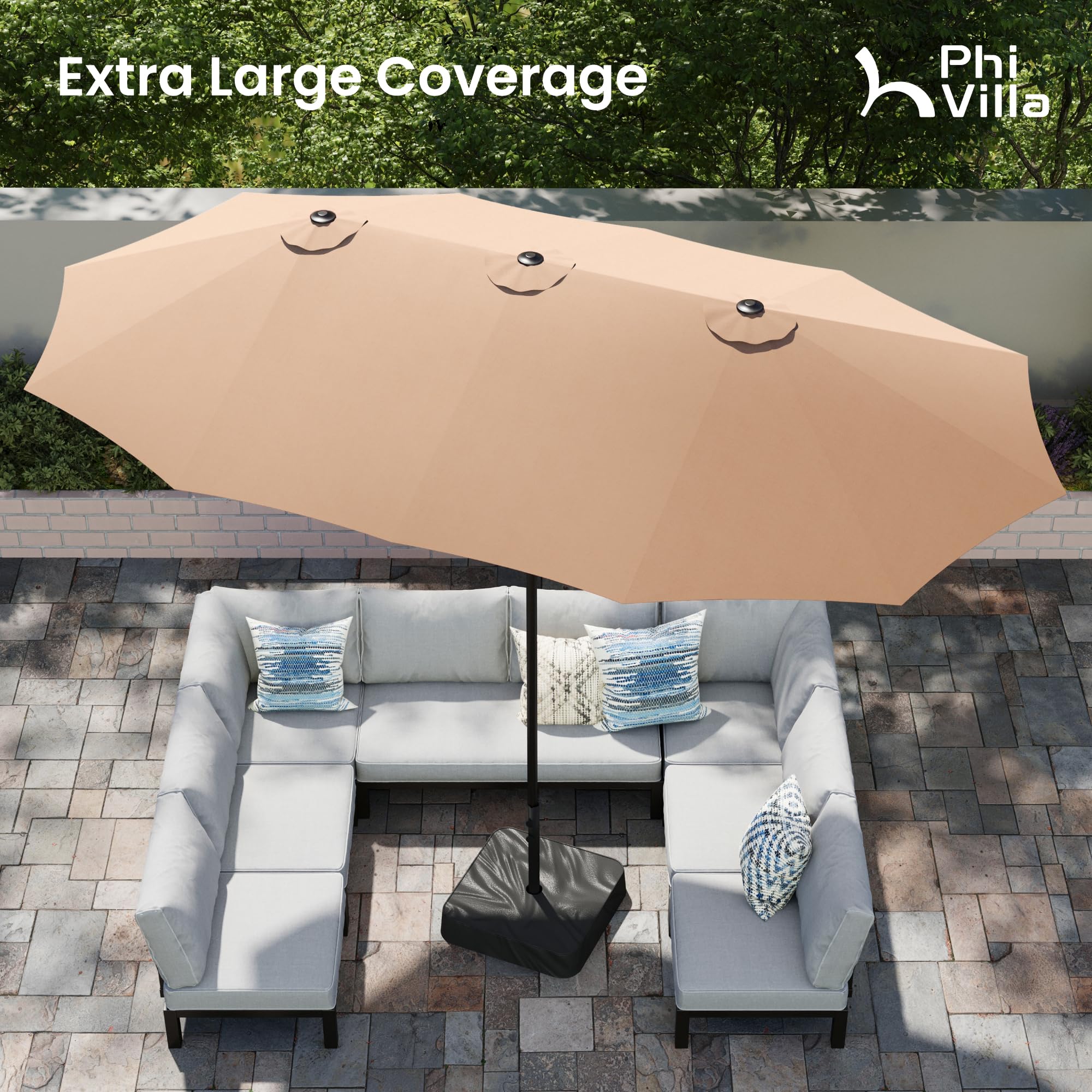 PHI VILLA 15ft Large Patio Umbrellas with Base Included, Outdoor Double-Sided Rectangle Market Umbrella with Stand, Outside Umbrellas for Poolside Lawn Backyard, Beige