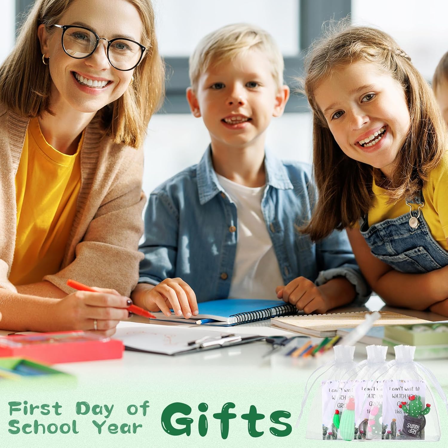 Tondiamo 24 Set First Day of School Year Party Favor 24 Cute Cactus Keychains Motivational Keychains with 24 Inspirational Cards 24 Organza Bag for Back to School Gifts for Student Cactus Party Favors