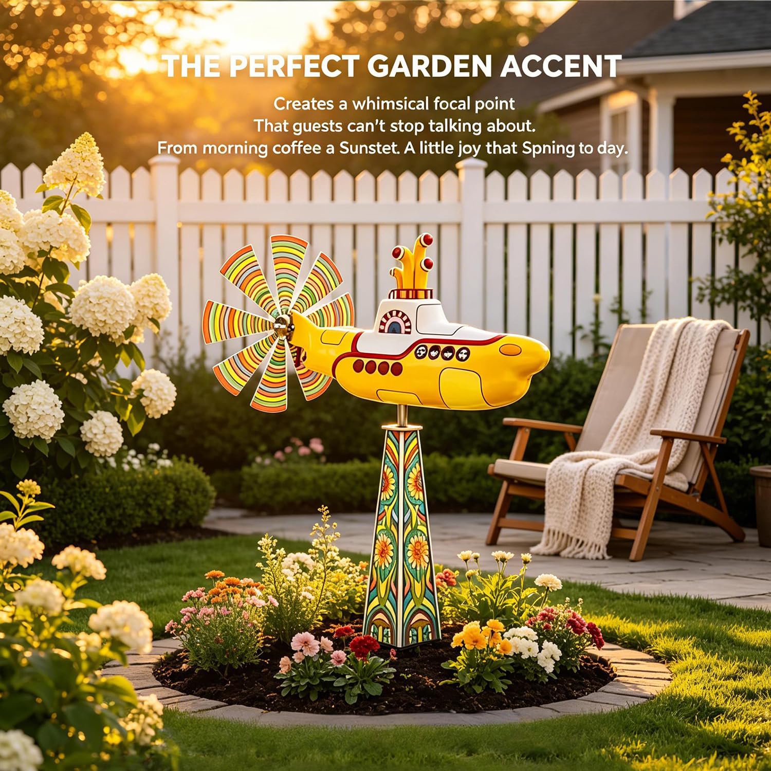 Yellow Submarine Wind Spinner for Garden, Retro Biplane Kinetic Wind Spinner, Metal Rotating Yard Art, 2D Kinetic Windmill Outdoor Garden Decor for Patio Lawn Flower Bed — view 5