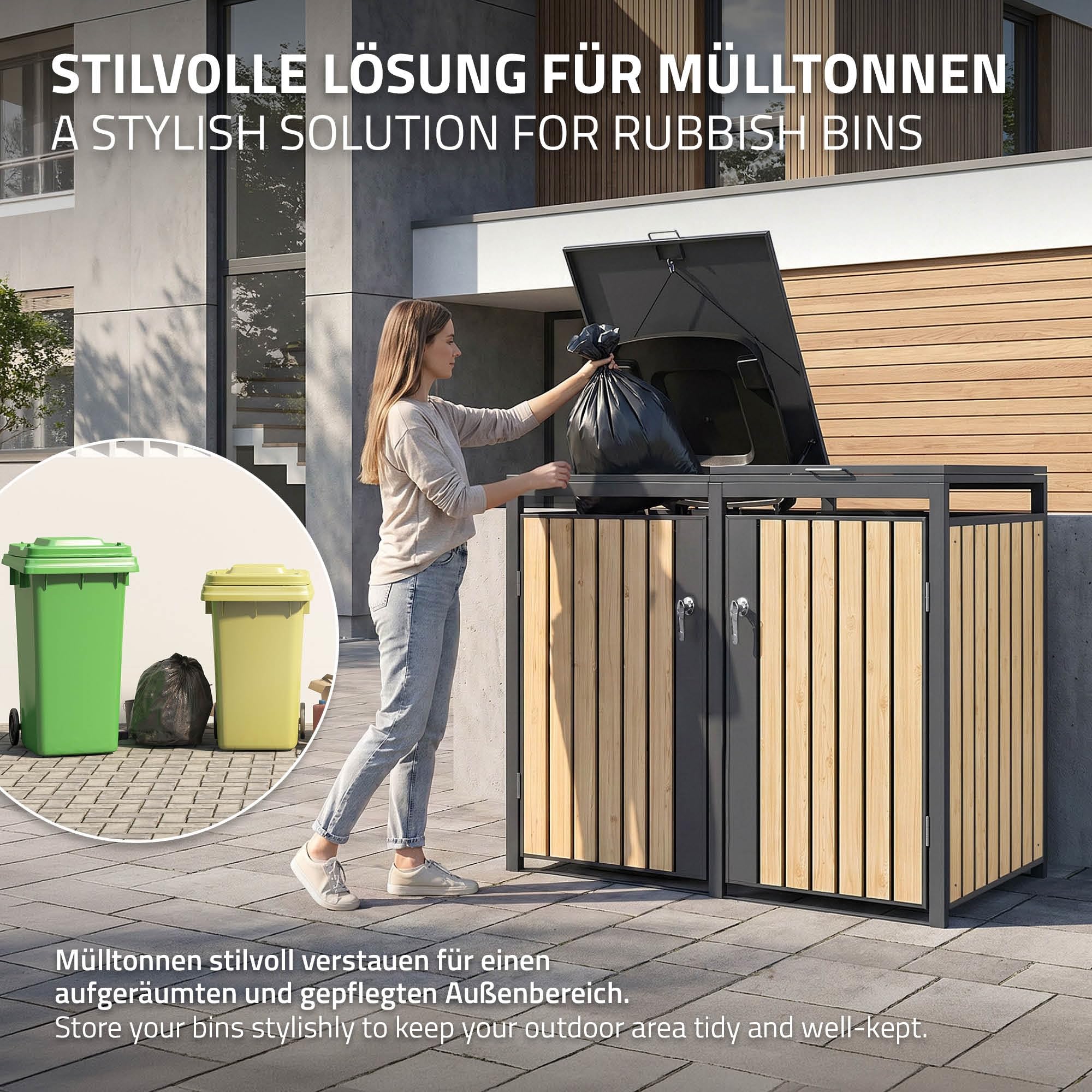 ML-Design Copribidone per 4 Bidoni di Spazzatura, Doppio Contenitore, Pattumiera, Cassonetti Rifiuti 240 L, 264 x 160 x 240 cm Box in Acciaio Antracite/Effetto Larice con Coperchio Ribaltabile 2 Porte
