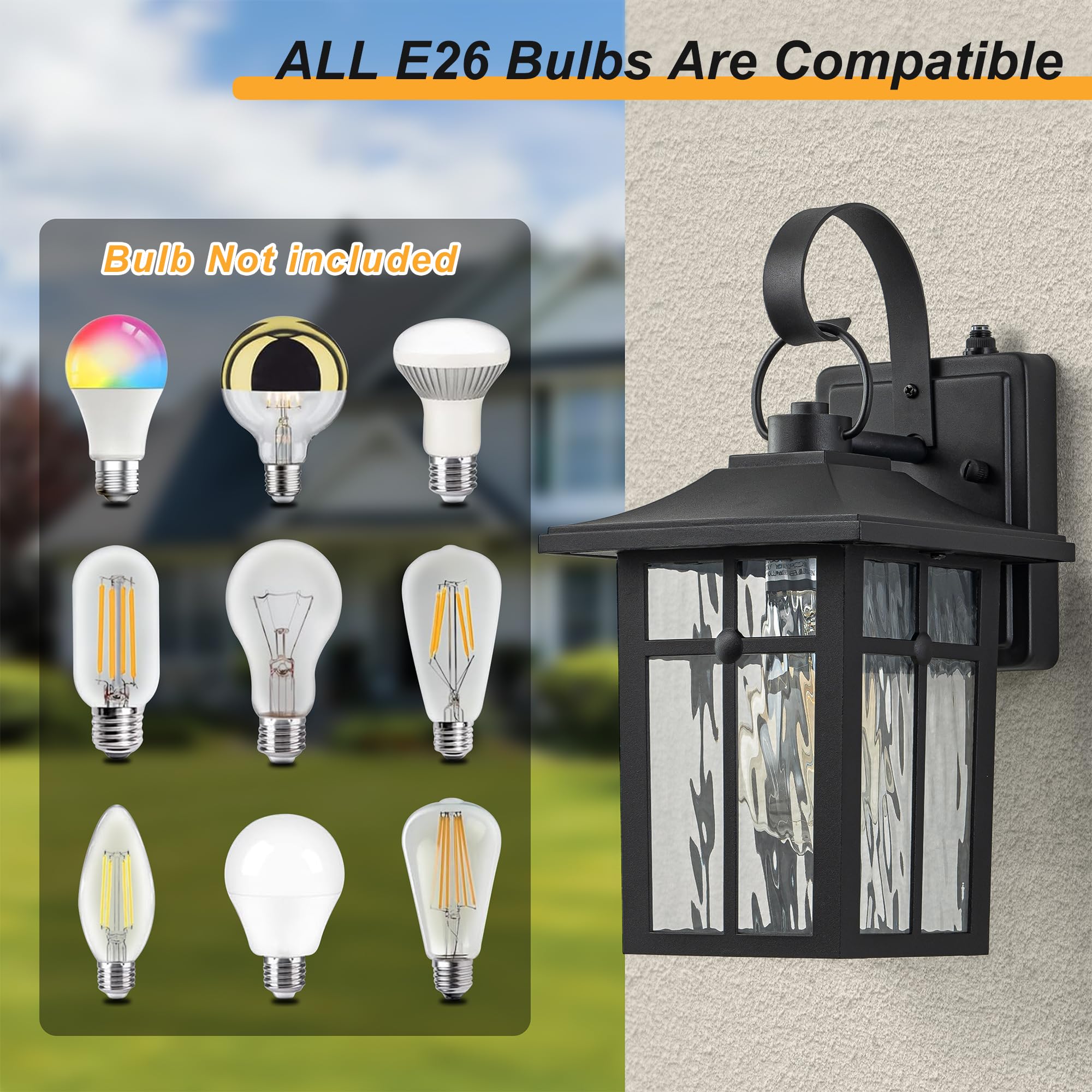 2 Pack Dusk to Dawn Outdoor Wall Lights Aluminum Exterior Light Fixtures Wall Mount with Ripple Glass Waterproof — view 5