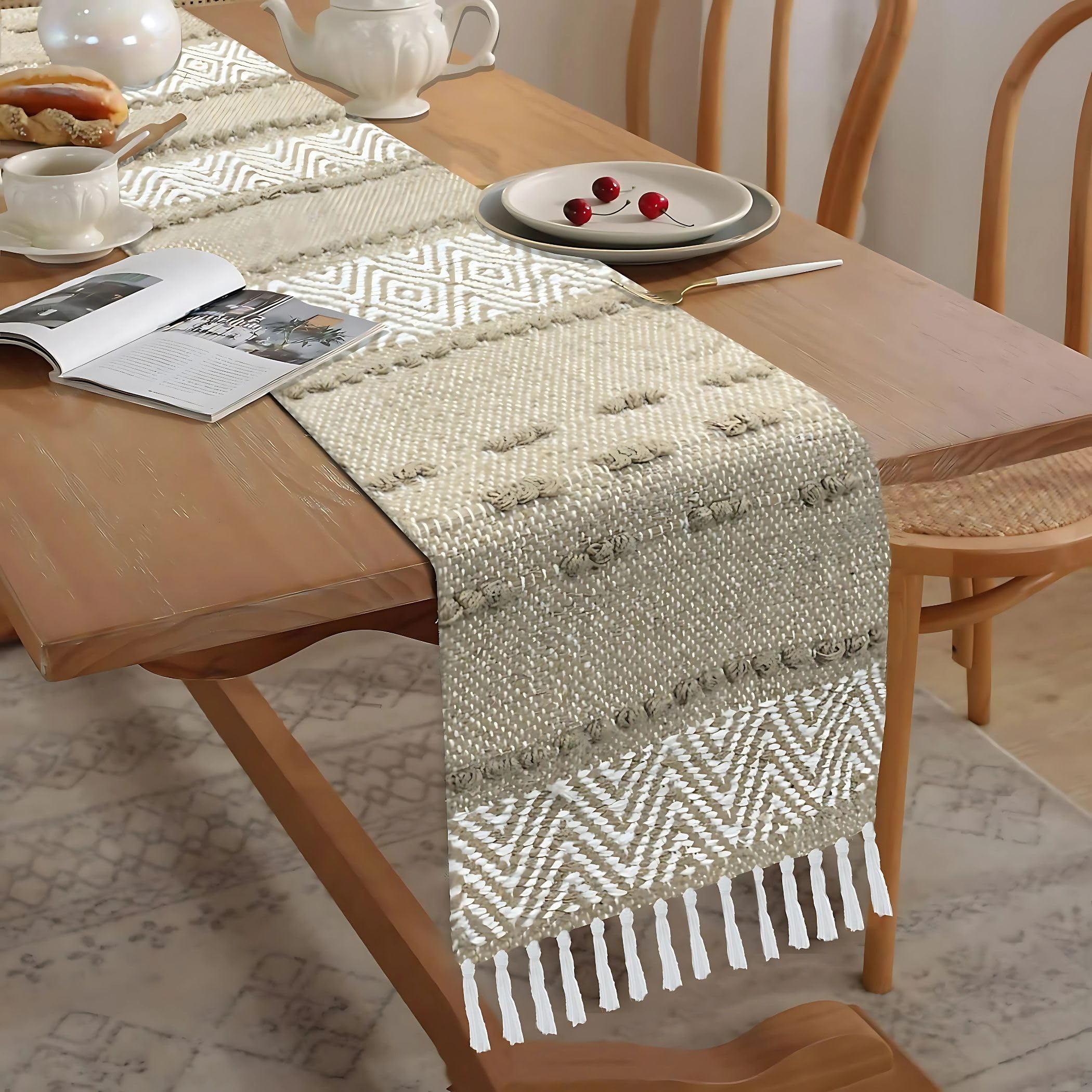 Luxe Home Elegant Beige and White Woven Table Runner with Tassels - Mix Cotton Jute 13 x 74 Inch, Zig Zag - Perfect for Dining Table, Center Table, Décor