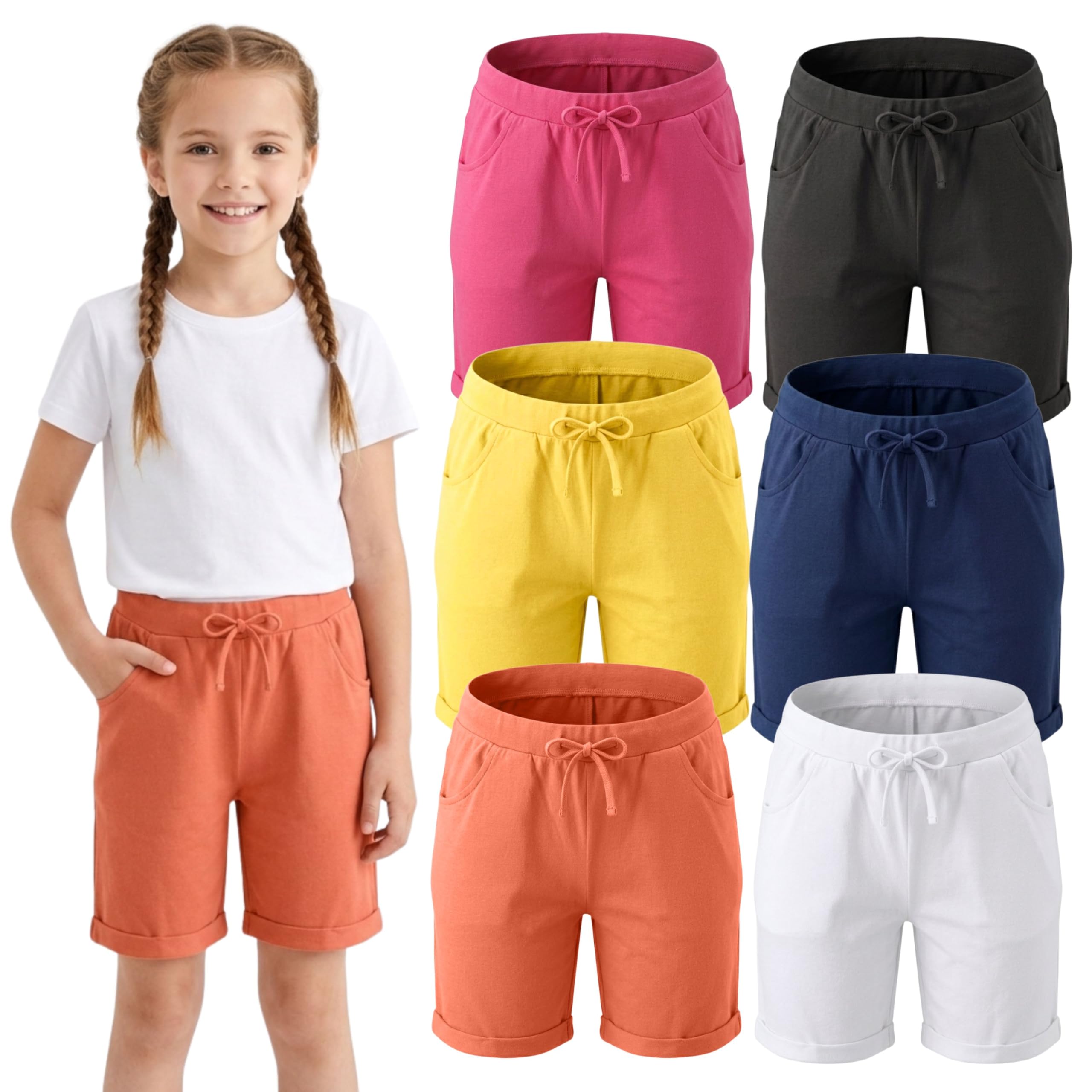 MISS POPULAR Bermuda für Mädchen, 6er-Pack, Größen 37-42, bequeme Baumwolle, elastischer Bund, Fliege, Taschen und viele Farben, Combo C, 6X