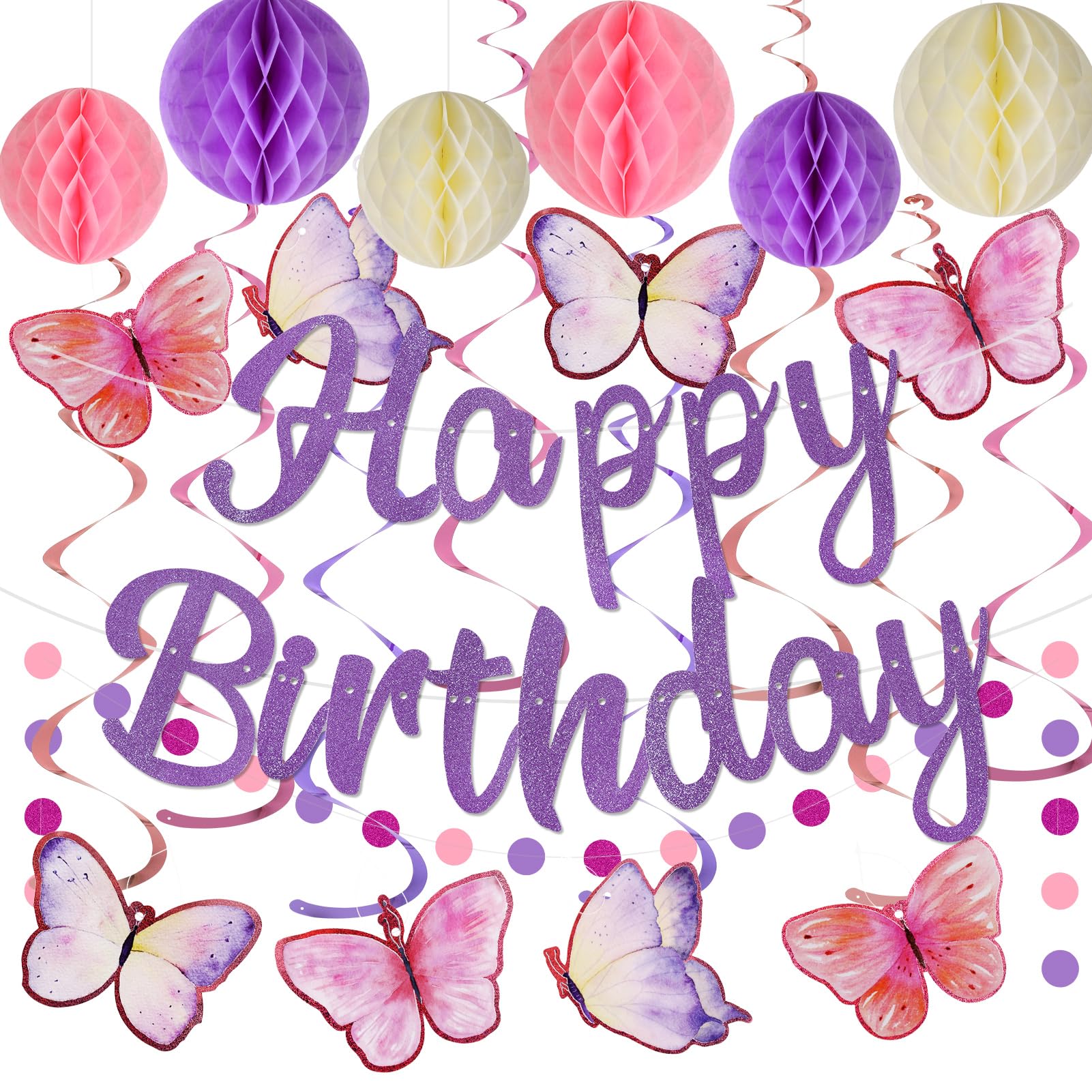 YEOCU Birthday Decorations, NO DIY, Pre-Strung Happy Birthday Banner with Honeycomb Balls, Hanging Swirls, Circle Dots Garland, Happy Birthday Party Decorations for Women Men Boys Girls (Purple)