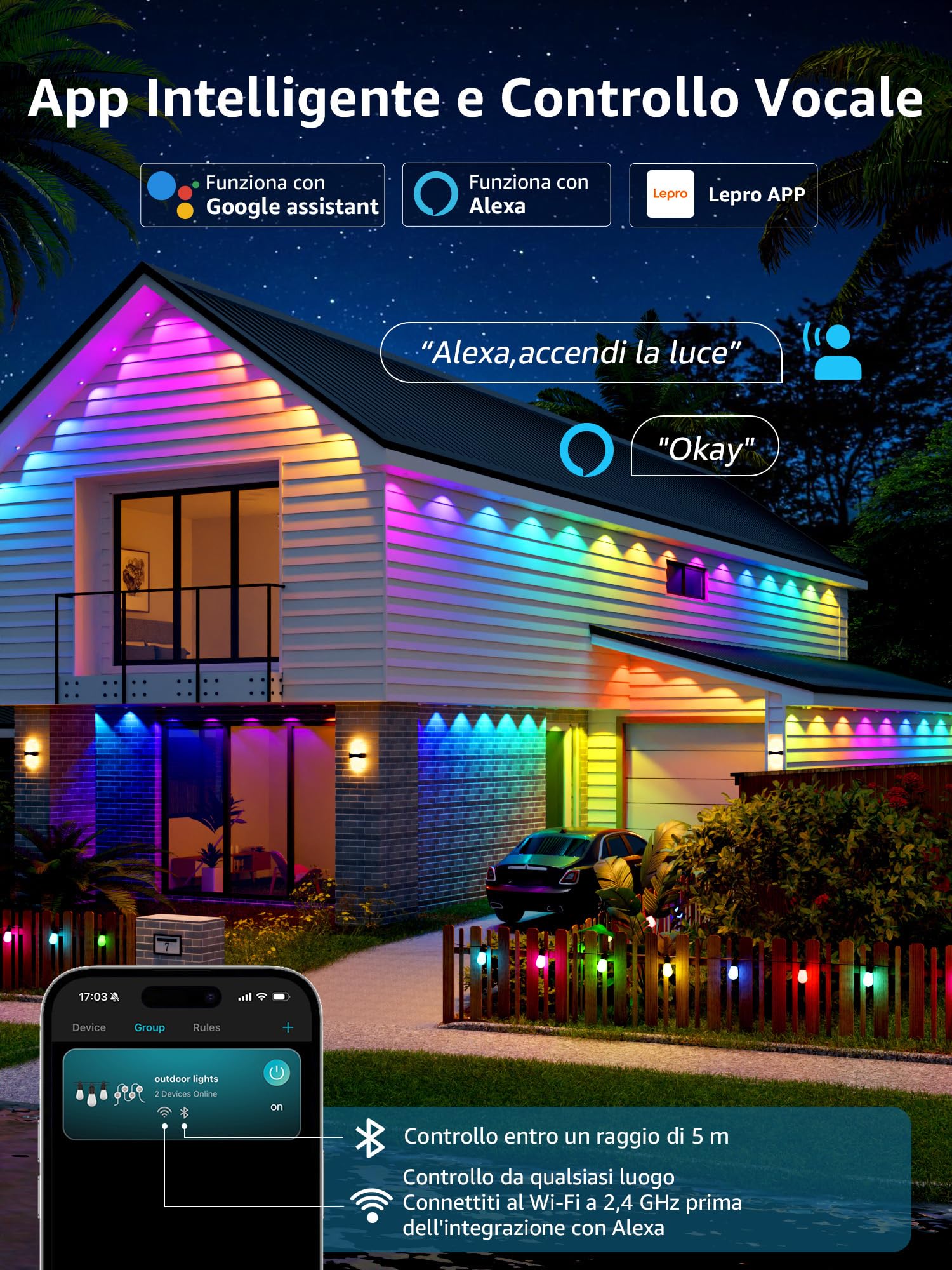 Lepro E1 AI Luci Natale Esterno 30m,60 LED RGBIC & Luce Bianca | Decorazioni Natalizie Compatibile con Alexa/Google Home,Tema AI per Luci Natale,Progettista Illuminazione AI Personalizzato