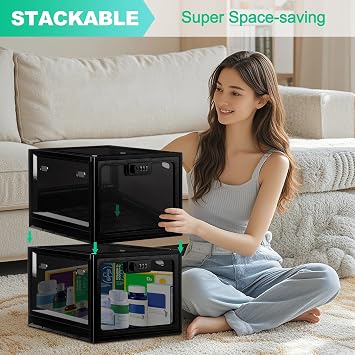 Lockable Medicine Box with Code, 12.6L Large Lockable Storage Box for Medication, Snacks, Phone, and Electronics - BPA-Free, Clear Design with Charger Holes for Home, Office, Dorm, and Fridge
