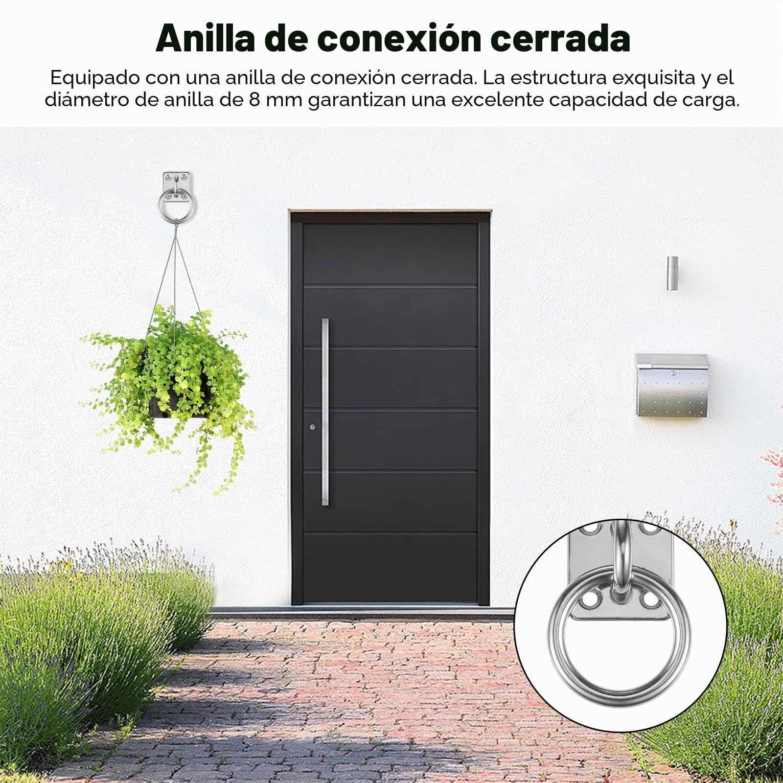 PARFCO Ganchos Anclaje Pared, 4 Piezas 304 Acero INOX Anillo para Atar Caballos, Ojal 8 mm, Cuadrado Argollas para Pared, con Tornillos y Tubo Expansión, para Columnas Madera, Paredes, Techos | Placa de ojo de acero inoxidable 304 con anillo y ojal de 8 m