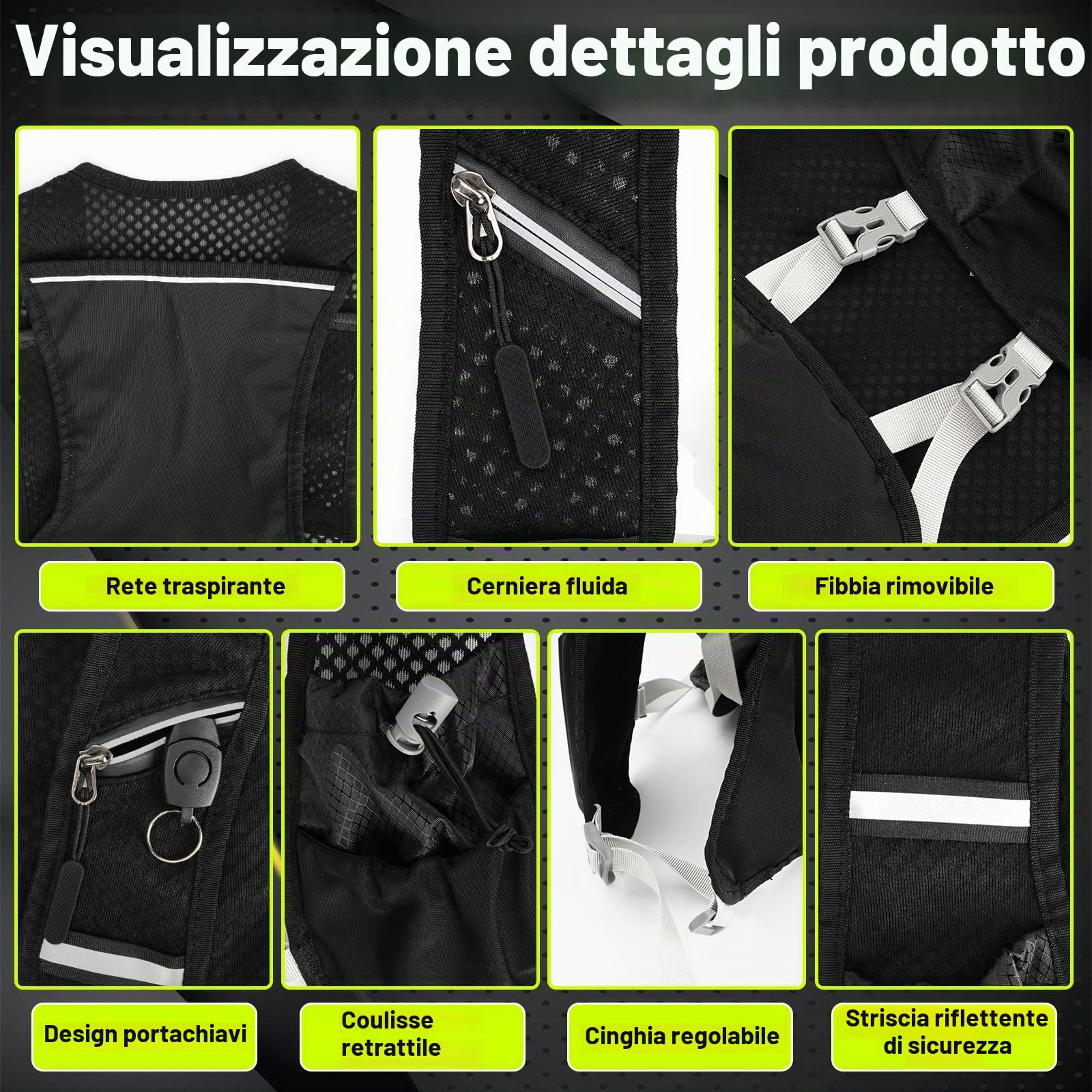 Gilet Running, Zaino da Corsa con 7 Tasche, Riflettente, Traspirante, Unisex, Per Maratona, Ciclismo, Corsa, Arrampicata, + 2 Borraccia Morbida 500ml