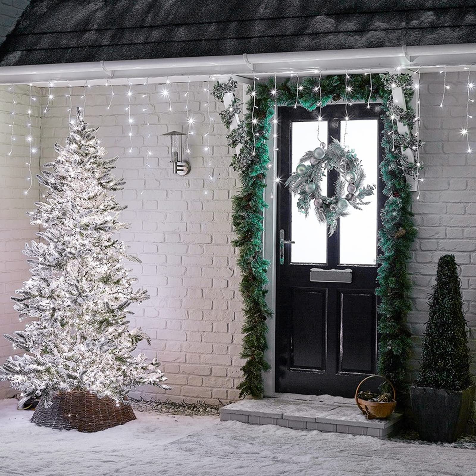 PhilzOps Cascata Luci da Esterno, 480 LED 19M Luci Natale Tenda Bianco Freddo Impermeabile 8 Modalità Catene Luminose Decorazione per Nataliazie Interno Casa Feste Finestra Giardino, Cavo Bianco