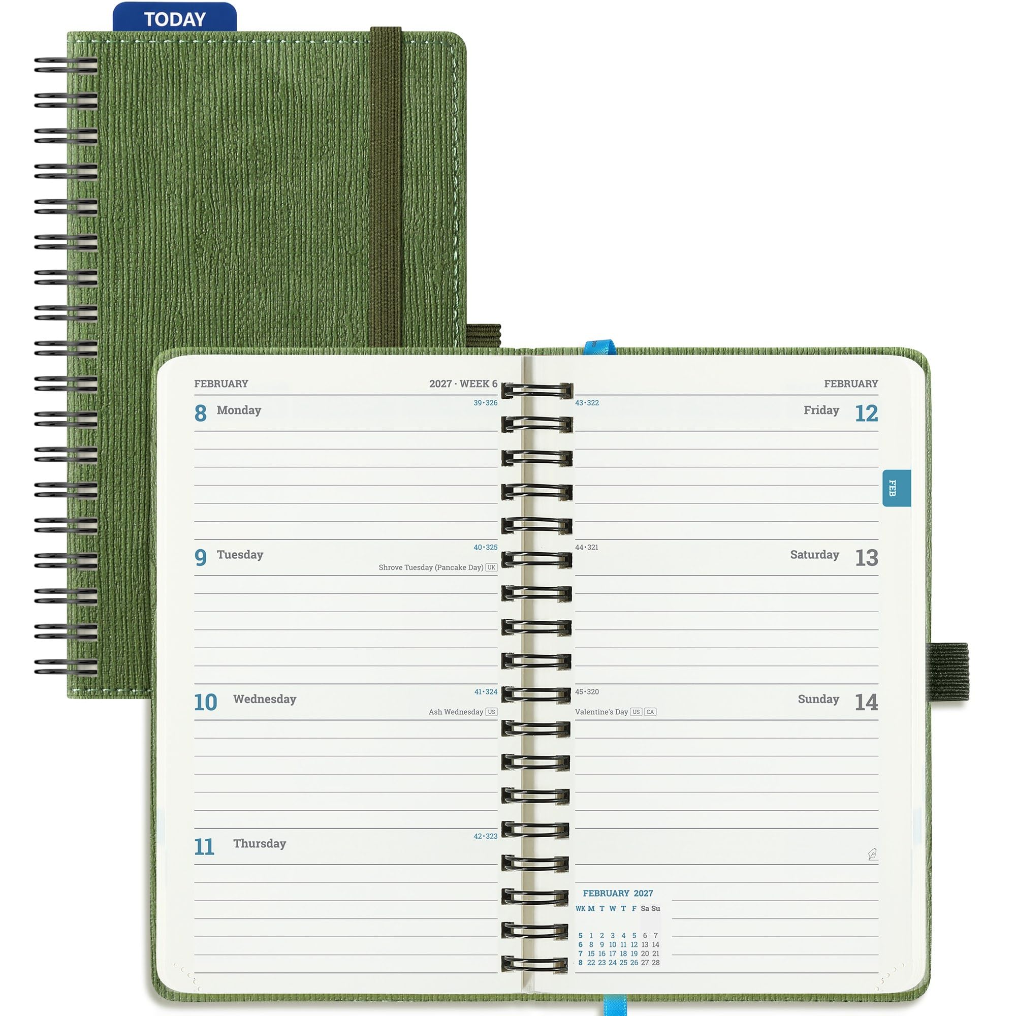 IN-LUXPRO 2027 Diary: Pocket A6 Week to View Slim(16.4x9.5 cm)12 Months (Jan.-Dec.) Weekly Appointment Spiral Softcover Planner with Timeslots,Inner Pocket,100GSM Paper, PU Leather Olive Green