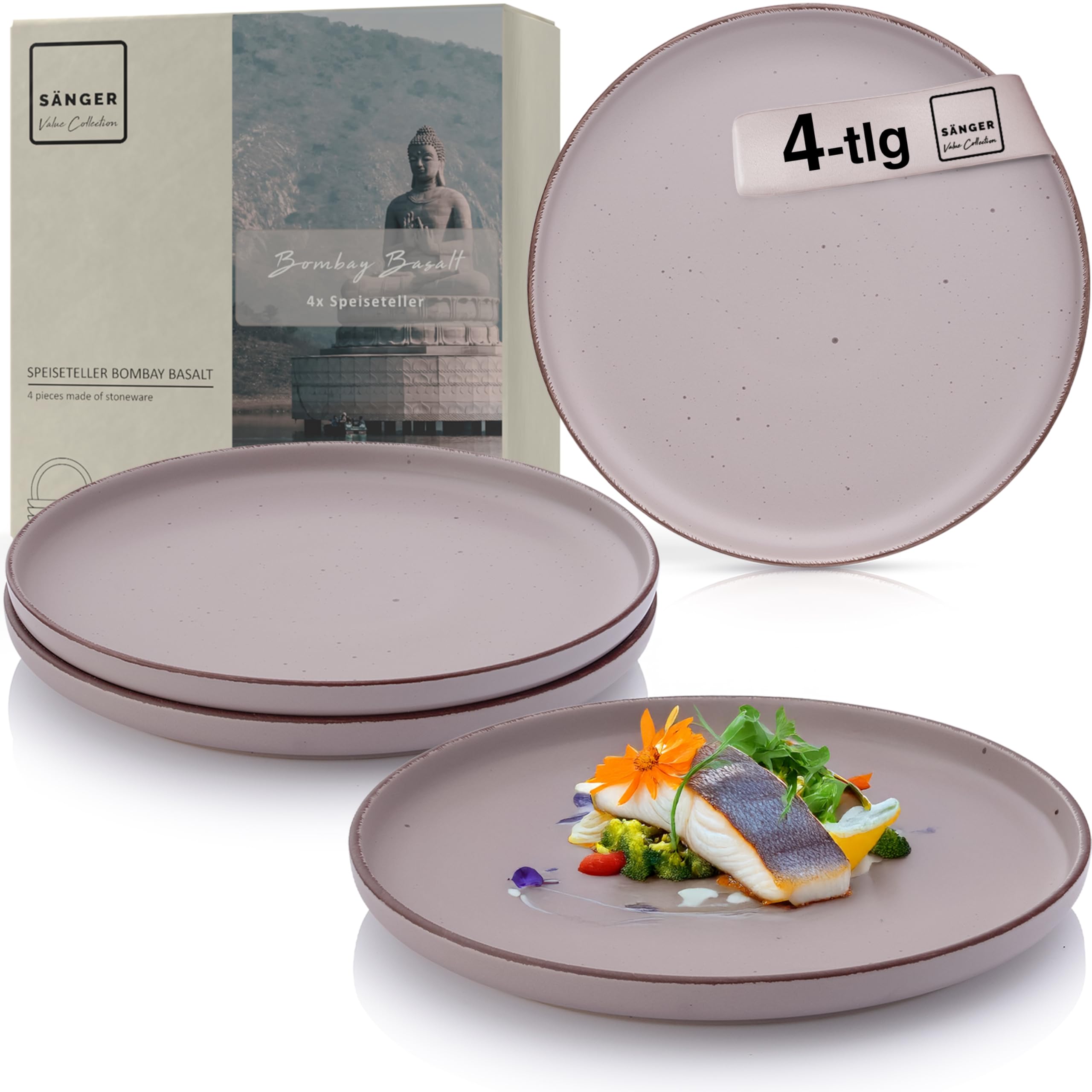 SÄNGER Bombay Basalt | Teller Set 4 Personen, 4x Speiseteller Set aus Steingut, Dinner Set kratz- mikrowellen- spülmaschinenfest, Steingut Teller Essgeschirr, Plate Set lila | VALUE COLLECTION