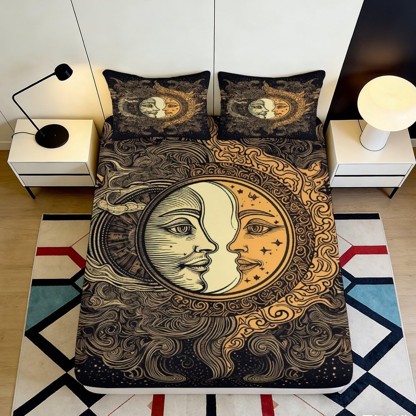 Pnayamiorkfel Style-3 3D Printed Sun Moon Fitted Sheet Microfiber Soft Anti-Slip Celestial Mandala Bed Cover For Bedroom Guest Room Decor 90X200x25cm