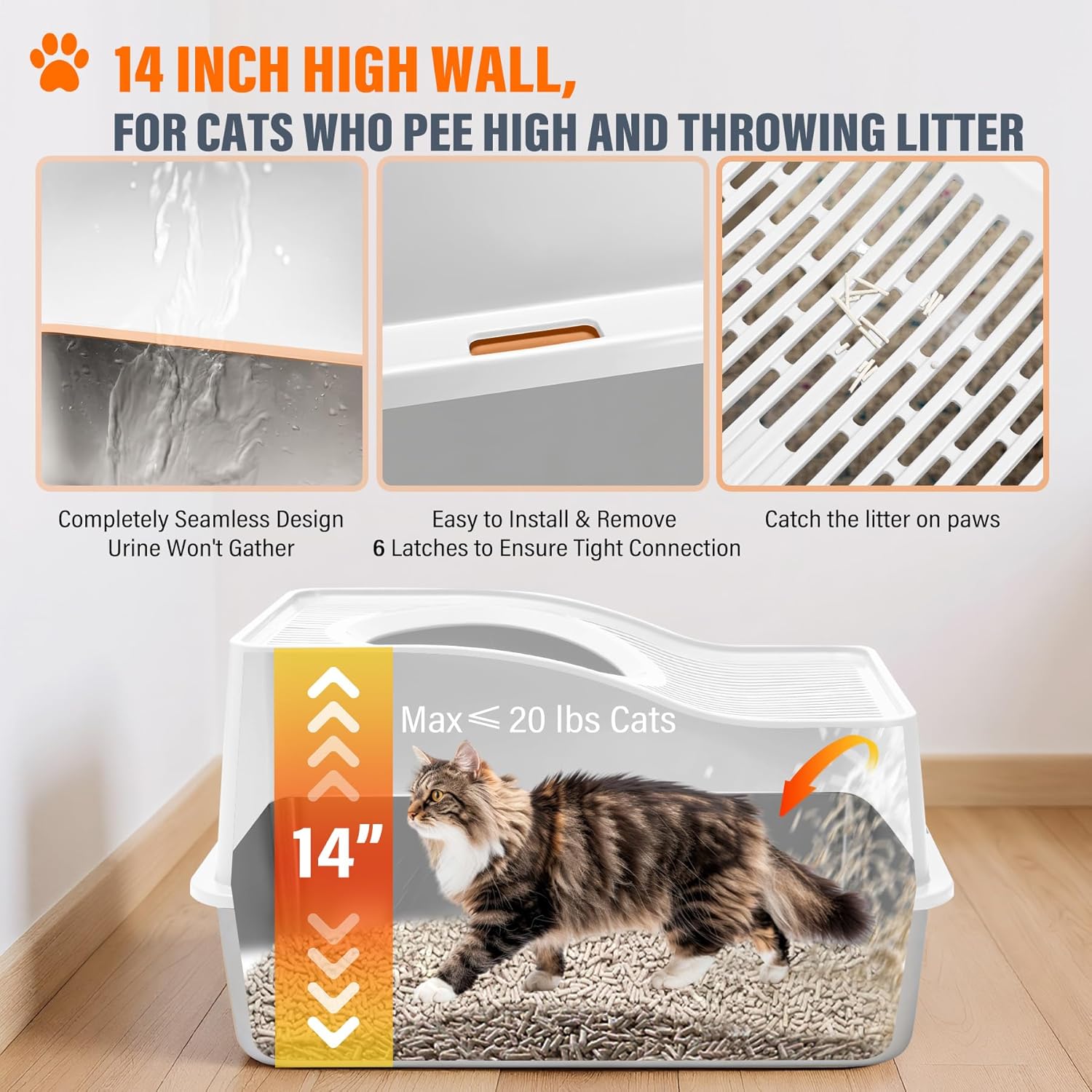 Top Entry Cat Litter Box with Lid, Stainless Steel Enclosed Cat Kitty Litterbox, Top Opening Large Enclosure Metal High Side Litter Pan Tray Box Dog Proof, Easy Cleaning, White