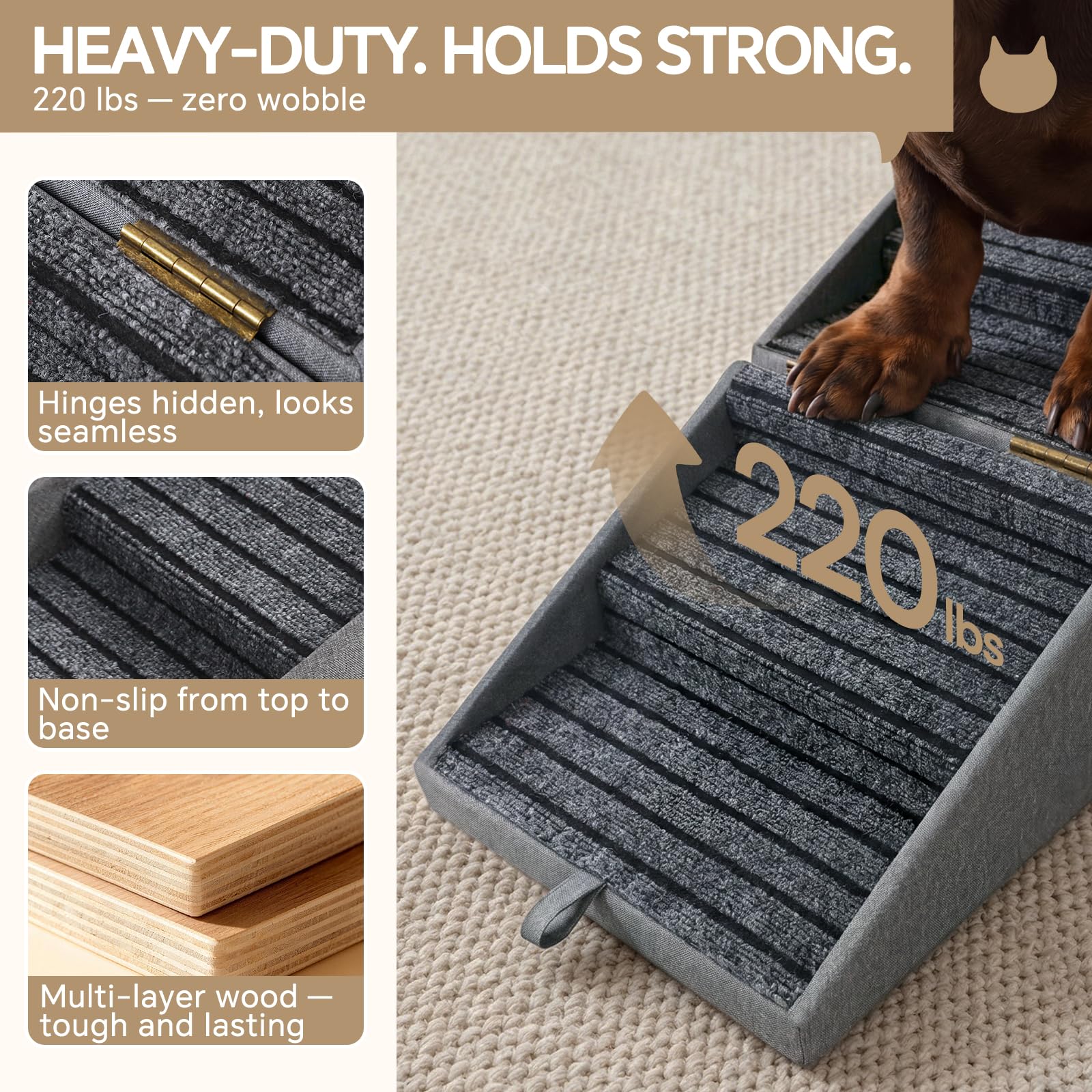 Luciphia 2 en 1 Escalera para Perros Pequeños, Altura 42,5 cm, Gris Oscuro