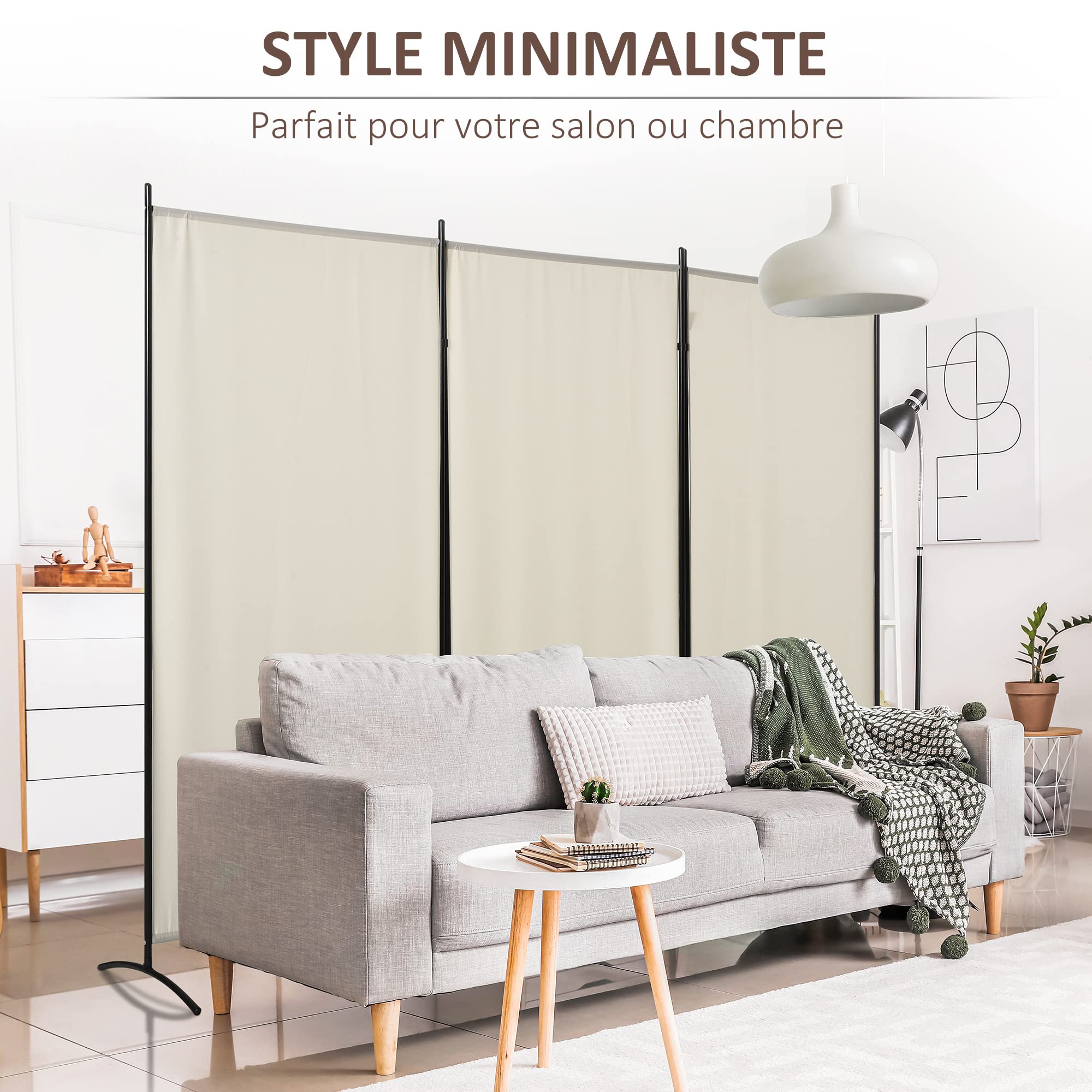 HOMCOM Paravent 3 Panneaux dim. 2,53L x 0,5l x 1,82H m Store latéral Brise-Vue paravent sur Pied séparateur métal Polyester Haute densité Beige