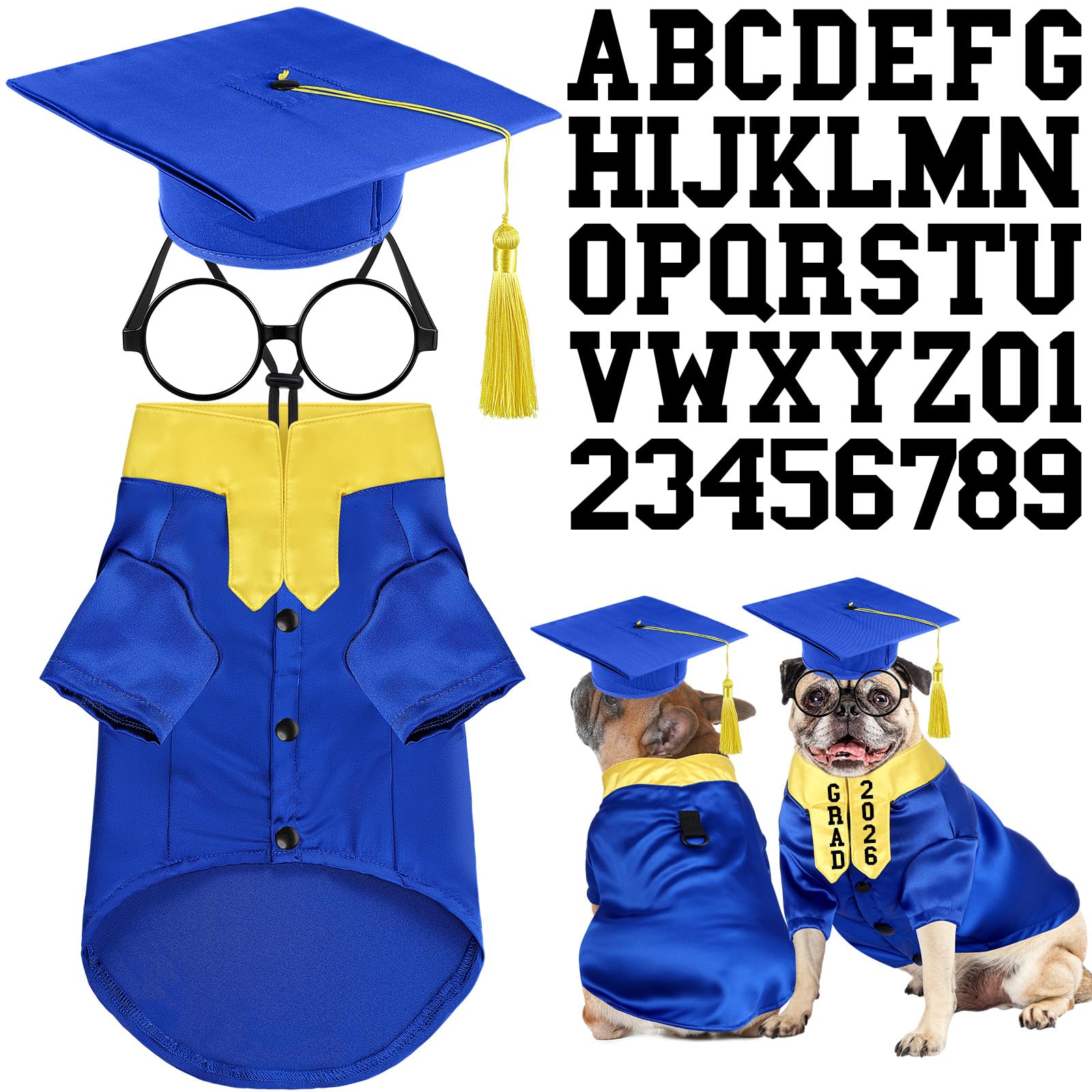 Huhumy 5 Pcs Dog Graduation Costume Set Include 2025 Pet Graduation Gown with Stole Puppy Grad Cap Lensless Glasses DIY Letter Stickers for Dogs Cats