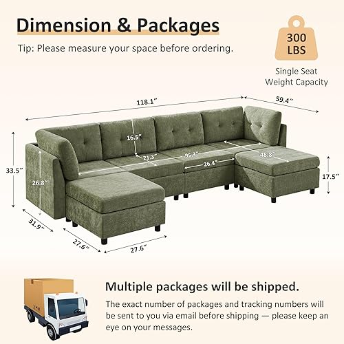 Miniatura 2 de VANOMi Sofá modular seccional, sofás seccionales en forma de U para sala de estar, sofá modular de nube de 4 asientos con 2 otomanas, 112 pulgadas