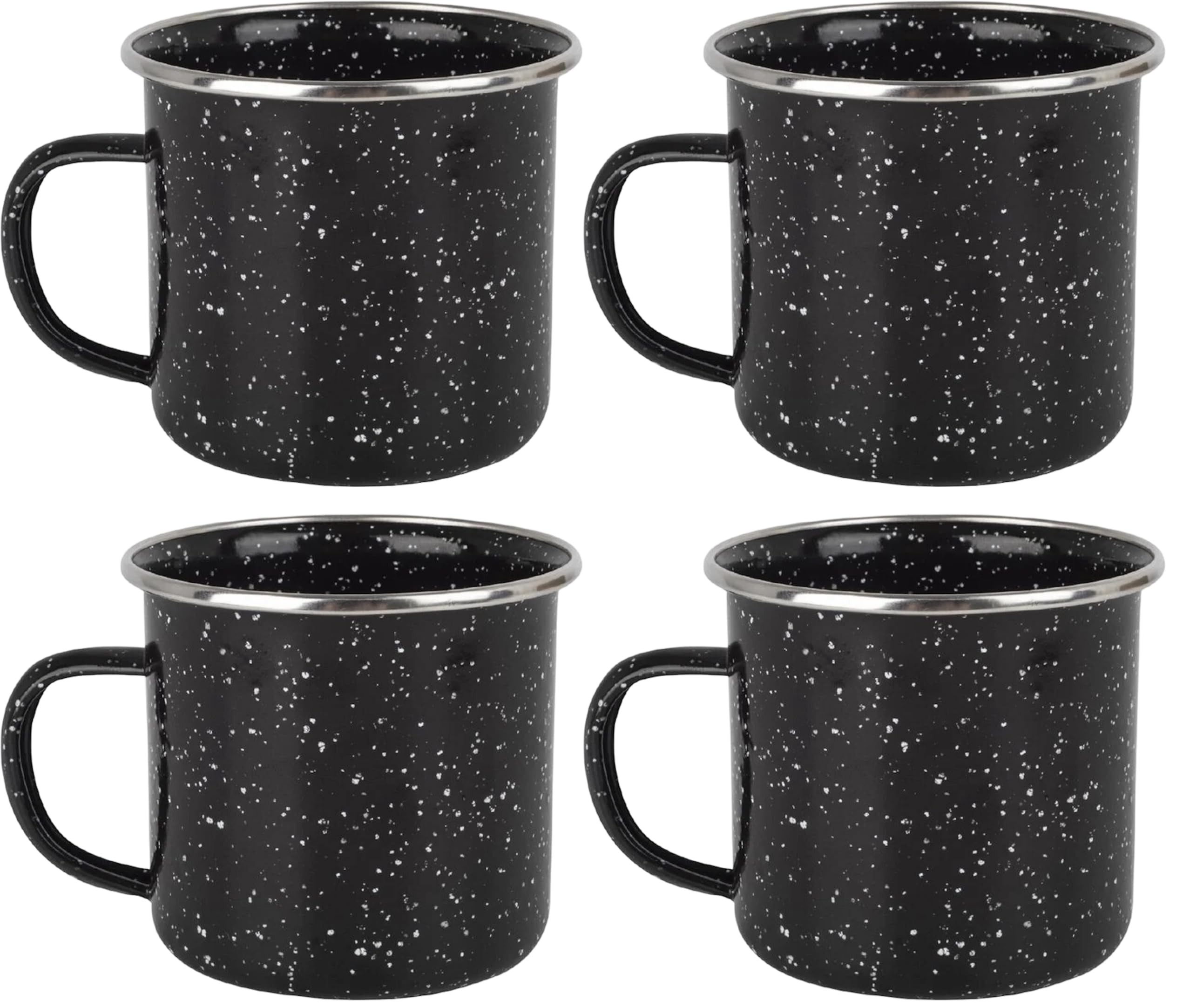 Quickdraw 4 x Enamel Camping Mugs – 350ml Durable Lightweight Metal Mug with Black Speckled Enamel Coating & Stainless Steel Rim – Ideal for Camping Hiking Travel Picnics Outdoor Kitchen