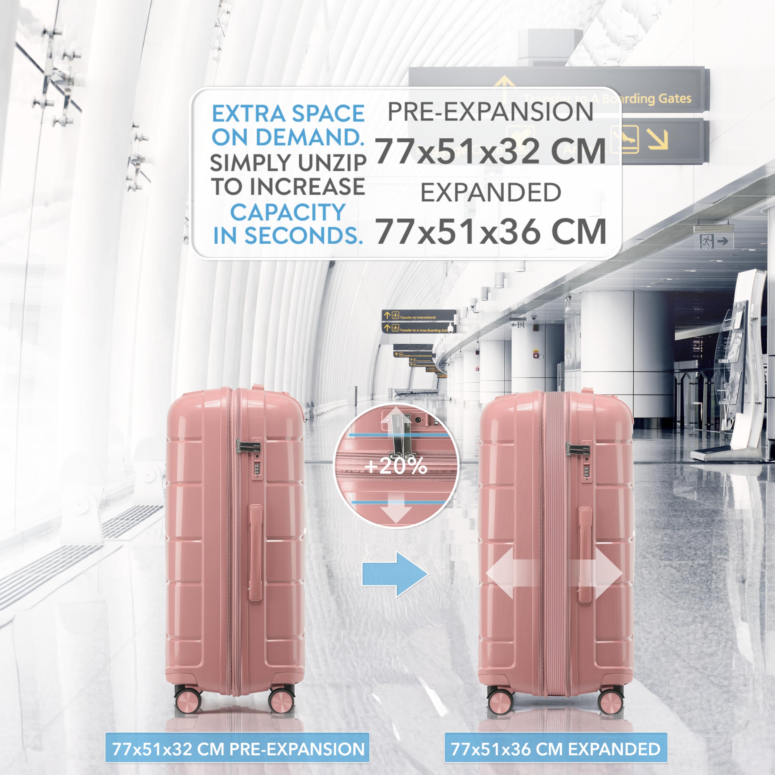 CRUW Large 28" Checked Luggage 77x51x32cm + Expandable Hold Baggage (114/121 Liters) Polypropylene Suitcase TSA Approved Lock 8 Silent Spinner Wheels Lightweight Suitcases Airline-Approved Travel