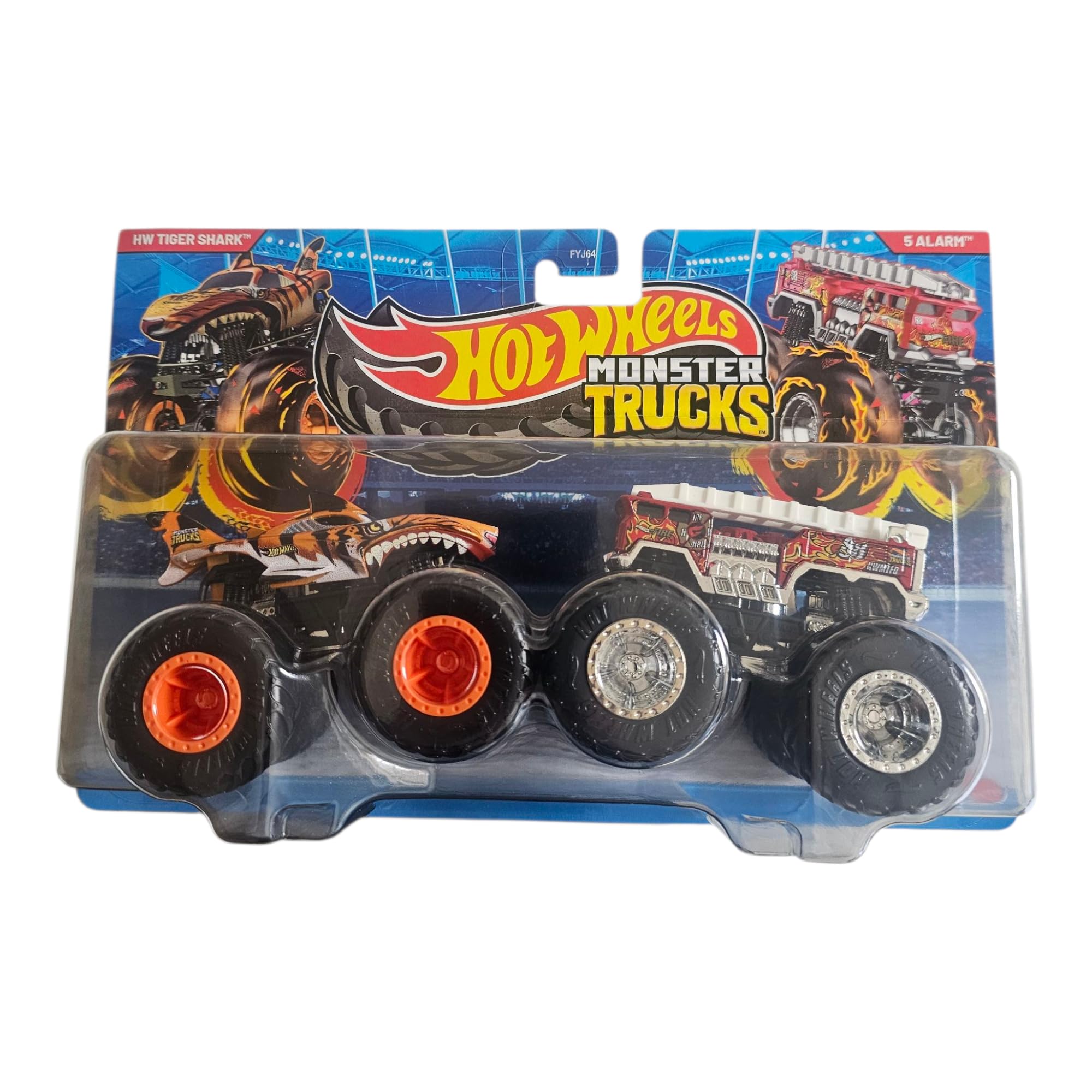 Hot Wheels Monster Trucks, Tiger Shark vs 5 Alarm, 2-Pack Die-Cast Vehicle Set