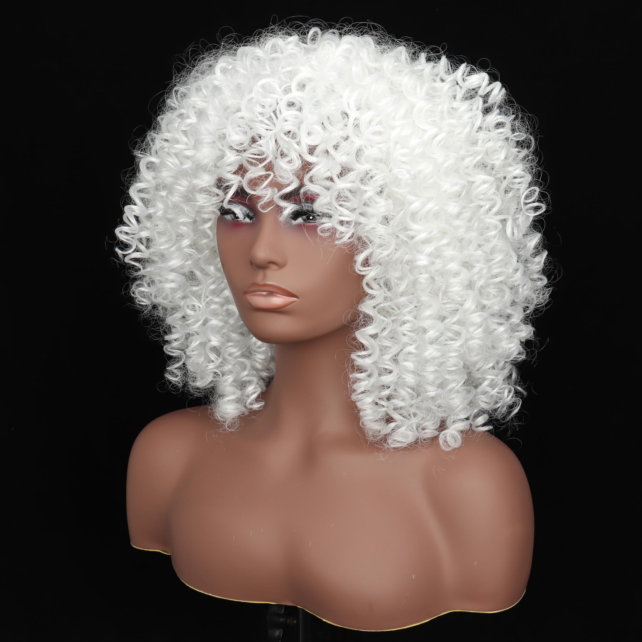 Colorfulpanda Pelucas cortas rizadas afro blancas con flequillo, peluca afro voluminosa, peluca de pelo rizado natural sintético para mujeres negras, ideal para cosplay, Halloween, fiesta y uso diario