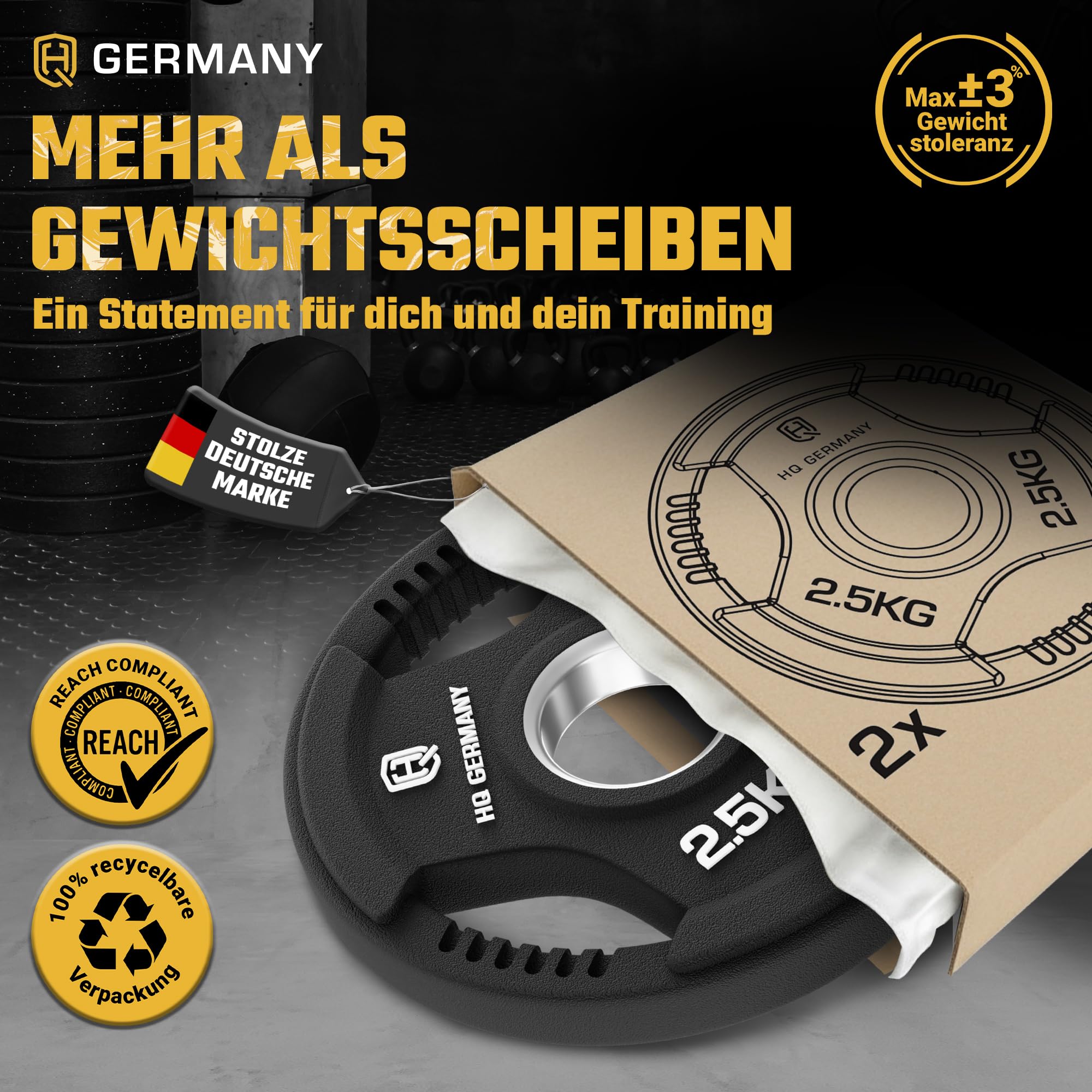 HQ Germany® Hantelscheiben 50mm [Sets / 1.25-25kg] - Tri-Grip Bumper Plates - Hantelscheiben Set 50mm, Gewichtsscheiben, Gewichte für Hantel, Gewicht Weight Plates in Premium-Qualität