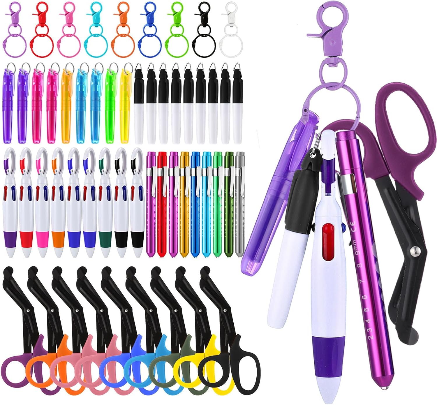 Geiserailie 54 Pcs Nurse Week Gift Retractable Pen Set with Permanent Marker Penlights Scissors Ballpoint Pens Highlighter Work Badge Accessories Kit for CNA Nurses Medical (Colorful)