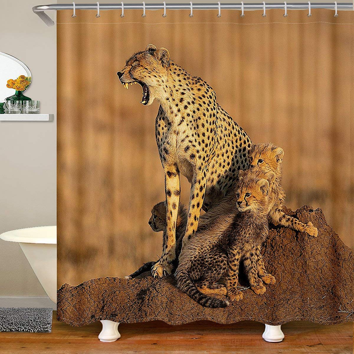 Leopard Waterproof Family Bathroom Curtain - Kids Boys Girls Black Safari Cheetah Shower Curtain with Hooks, 180x180cm