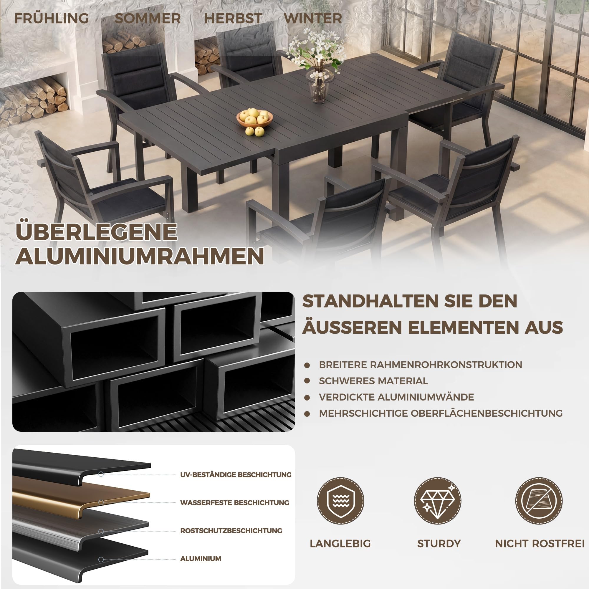 TRIUMPHKEY Gartenmöbel Set 6 Personen, Balkonmöbel mit Aluminium, 6 Stapelstühle und 1 80/160 cm Gartentisch Ausziehbar, Terassenmöbel Außen, Dunkelgrau
