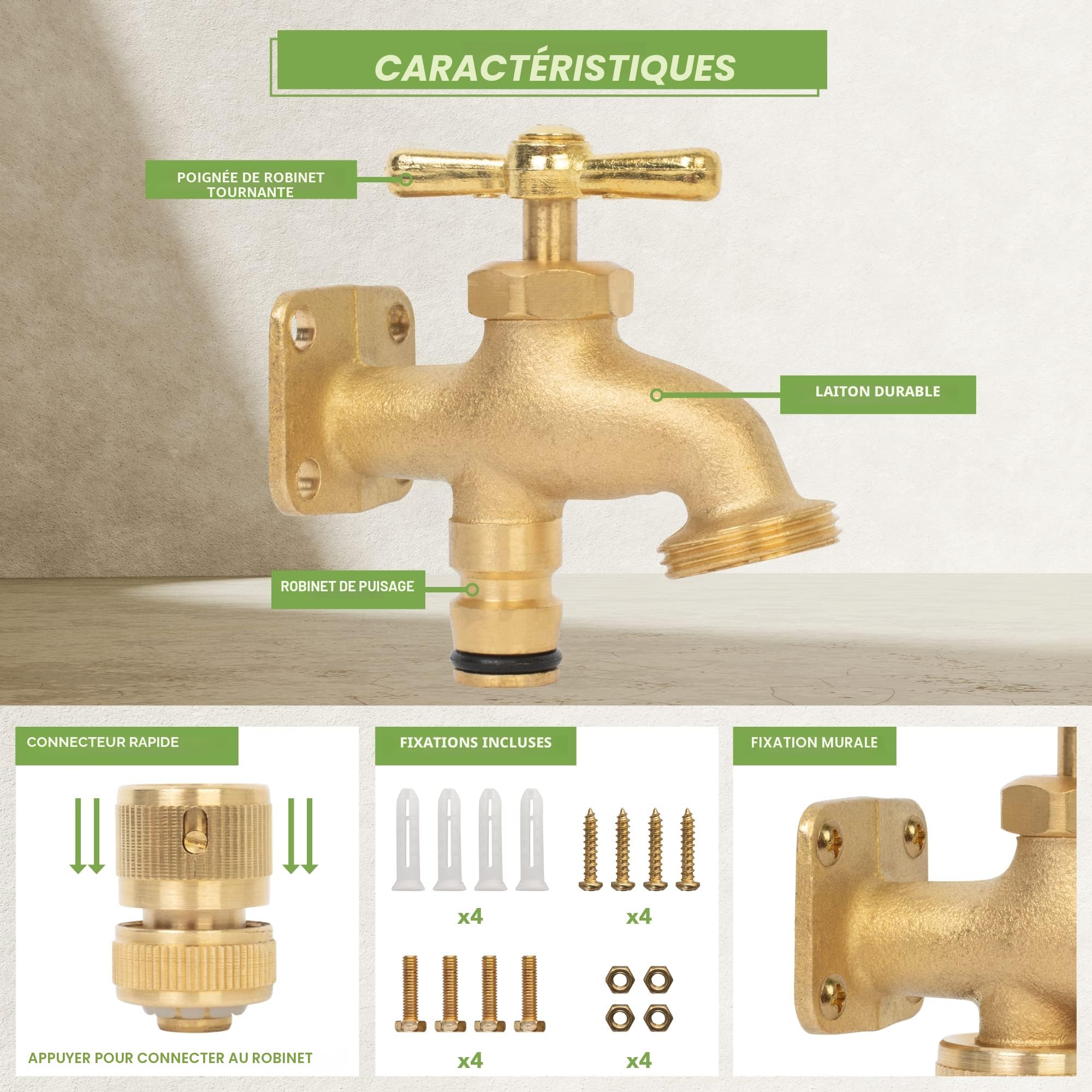 BLOSTM Robinet de tuyau en laiton massif – Kit de robinet extérieur avec robinet à bavette, connecteur rapide de 1,2 cm, vis et chevilles – Robinet n'importe où pour un accès pratique à l'eau