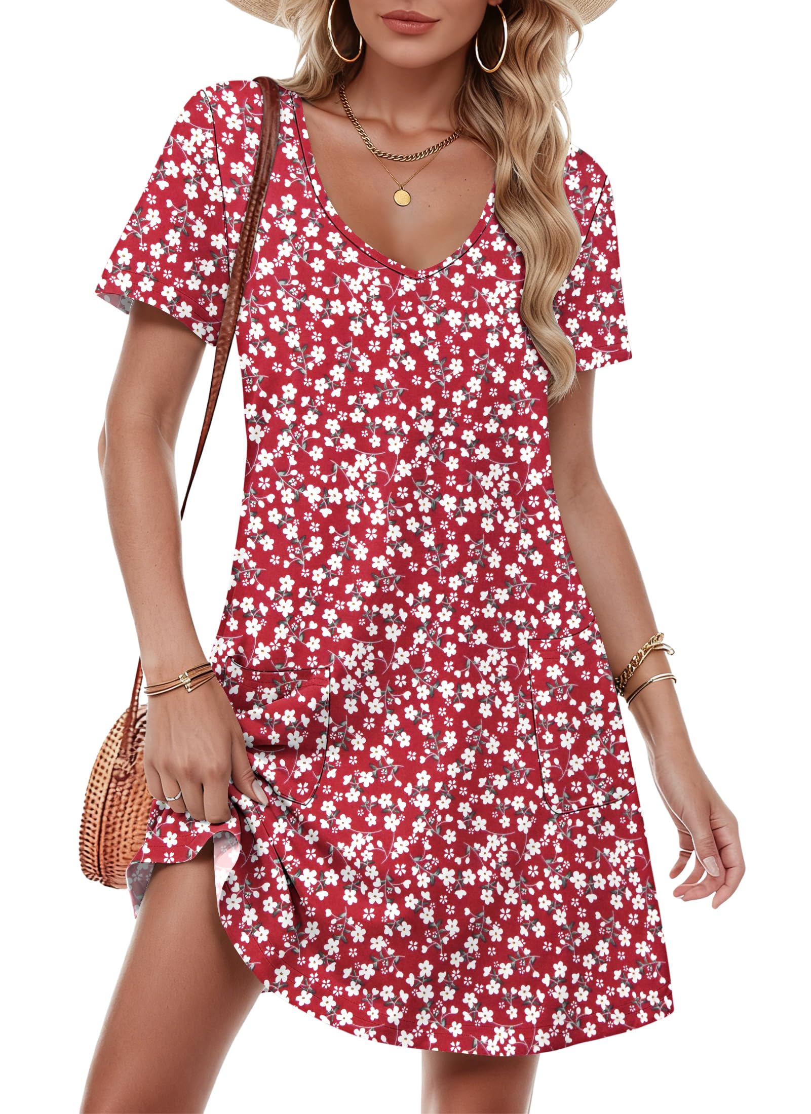 Molerani Women's Flower Red Summer Dress - Short Sleeve V Neck Sundress Casual Dress With Pockets 2XL