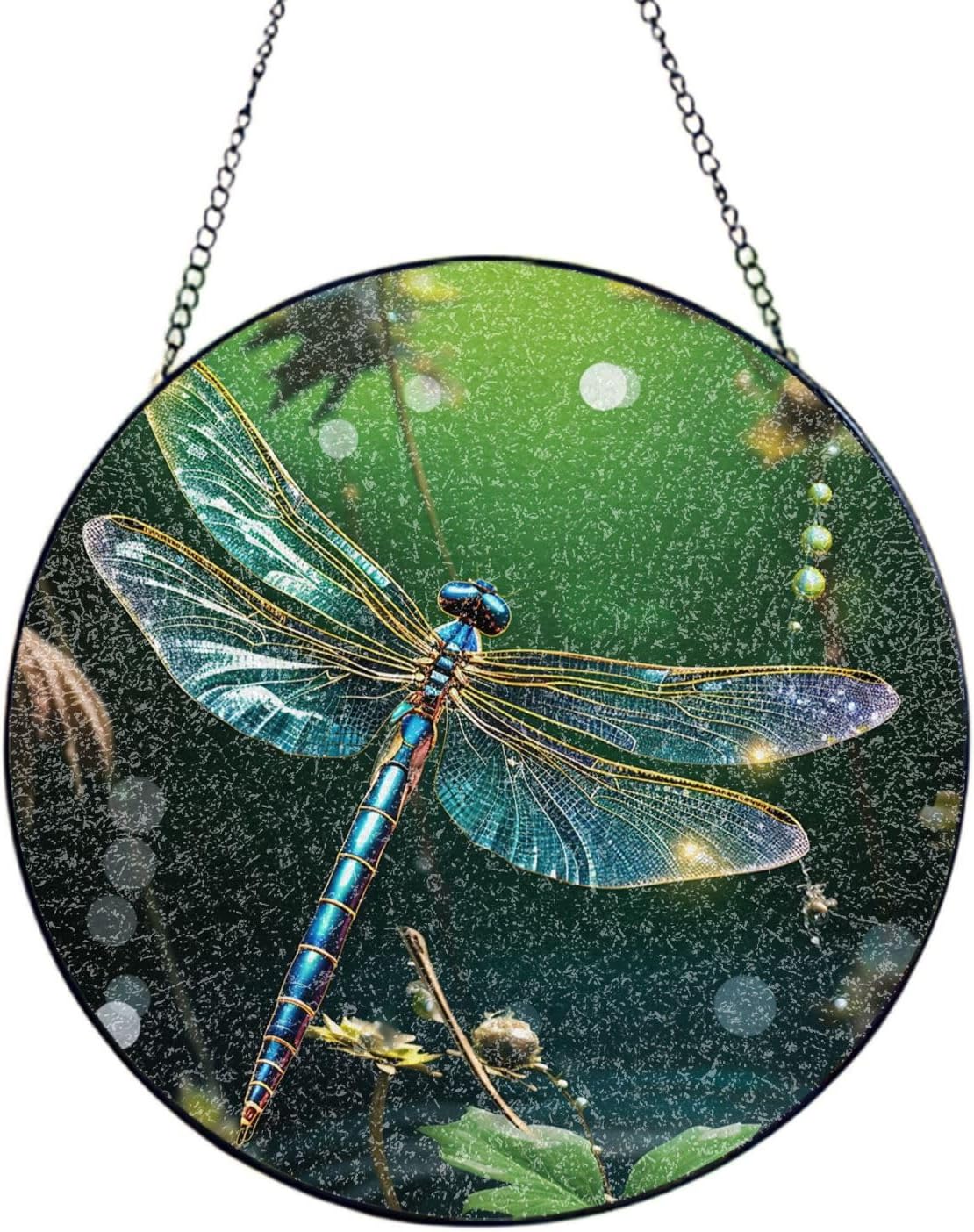Stained Glass Window Hanging 6in（15cm）, Dragonfly Green Glass Suncatcher for Home Decor, Indoor Wall Art Glass Panel with Metal Chain and Hooks, Sun Catcher Ornament Birthday Gifts