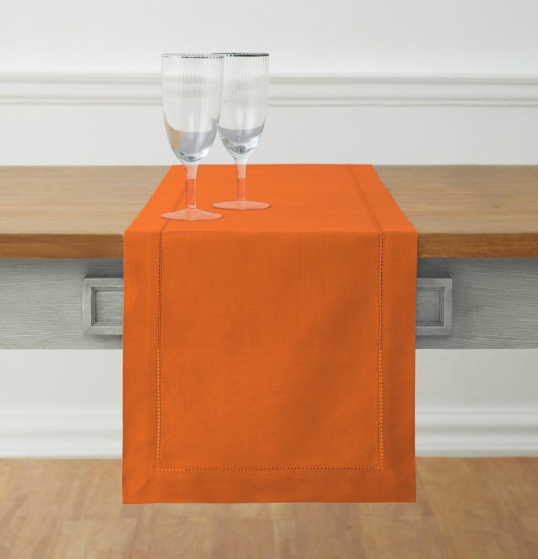Solino Home Cotton Linen Pumpkin Table Runner 108 Inches Long - Hemstitch 14 x 108 Inch Table Runner for Holiday - Handcrafted and Machine Washable