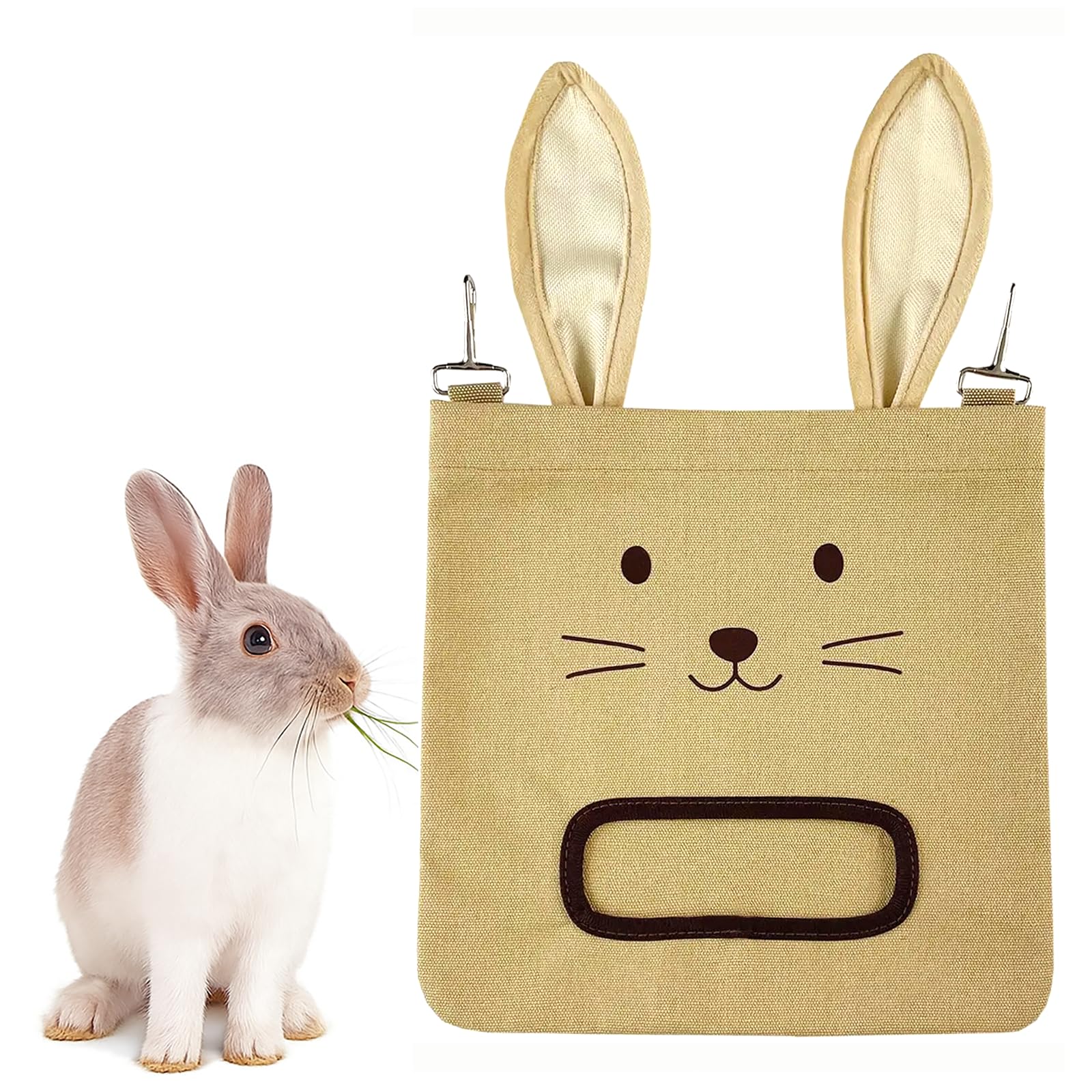 Rabbit Hay Feeder Bag - Hanging Rabbit Hay Feeder for Rabbits, Guinea Pigs and Chinchillas, Moss and Alfalfa Hay (Khaki)