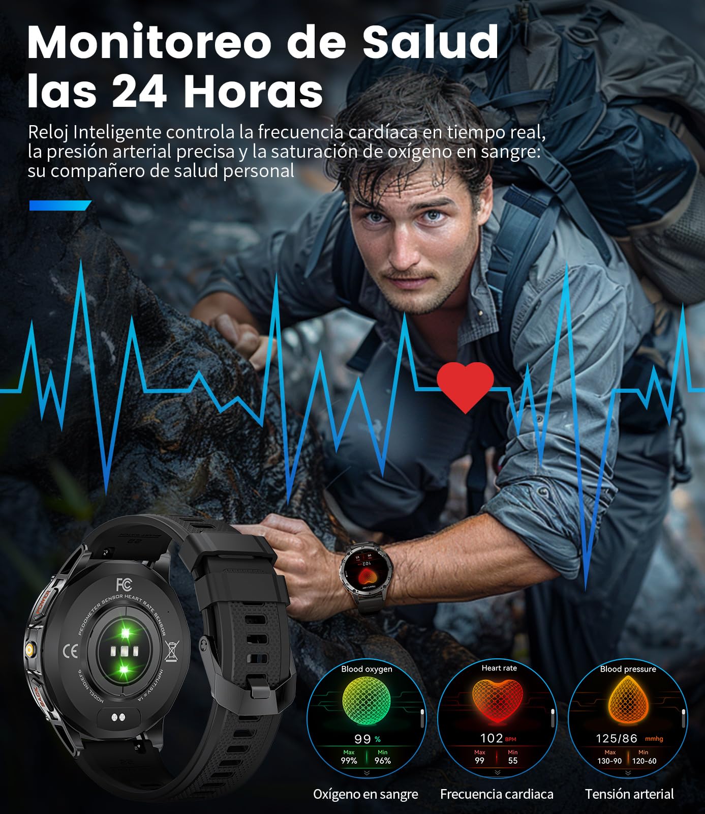 Reloj Inteligente Hombre con Llamadas Bluetooth, Pantalla HD Amoled 1.43", Smartwatch Hombre Dotado de Cardio, Sueño, SpO2, 110+ Deportes, IP68, Android/iOS