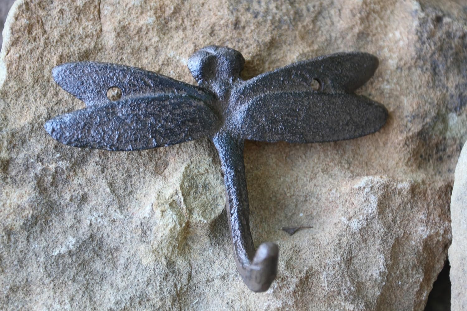 6 - Dragonfly Wall Hooks, Brown Matte Finish, 4-3/8" x 3", Nature Themed Decor, H-120B