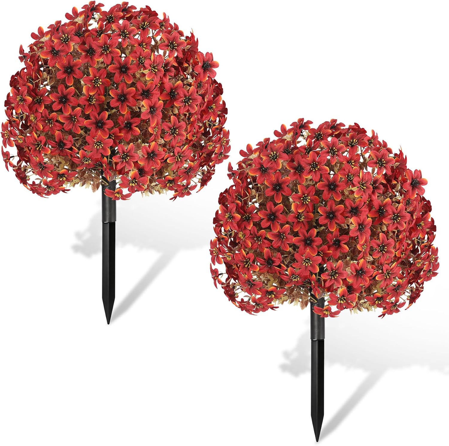 2pcs Fall Artificial Mums Topiary Ball Tree w Ground Spike,Dark Red