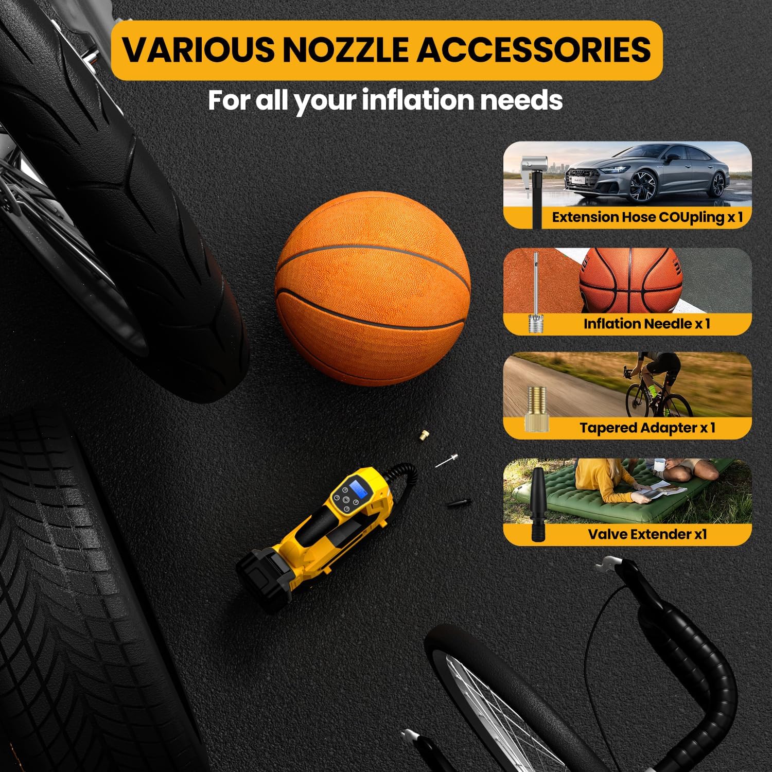 Cordless Tire Inflator Air Compressor for DeWalt 20V Max Battery, 150PSI Portable LED Light Handheld Air Pump with Digital Pressure Gauge for Cars Motorcycles Bikes Sport Balls(Battery Not Included)