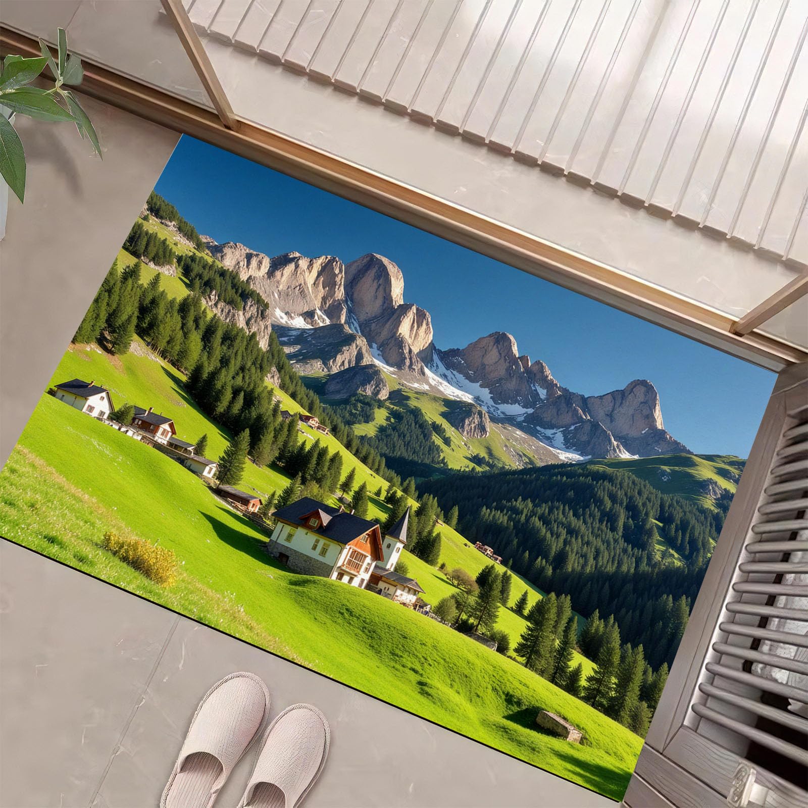 Paillasson fin pour couloir vert emeraude style chalet de montagne