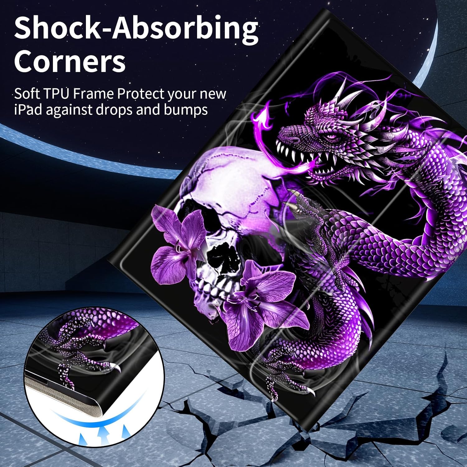 Keyboard Case for iPad 9th/8th/7th Generation, for iPad 10.2/iPad Pro 10.5"/iPad Air 3rd Gen Case with Keyboard and Pencil Holder, Rugged Rotate Stand Cover Case with Clear Back, Purple Dragon Skull