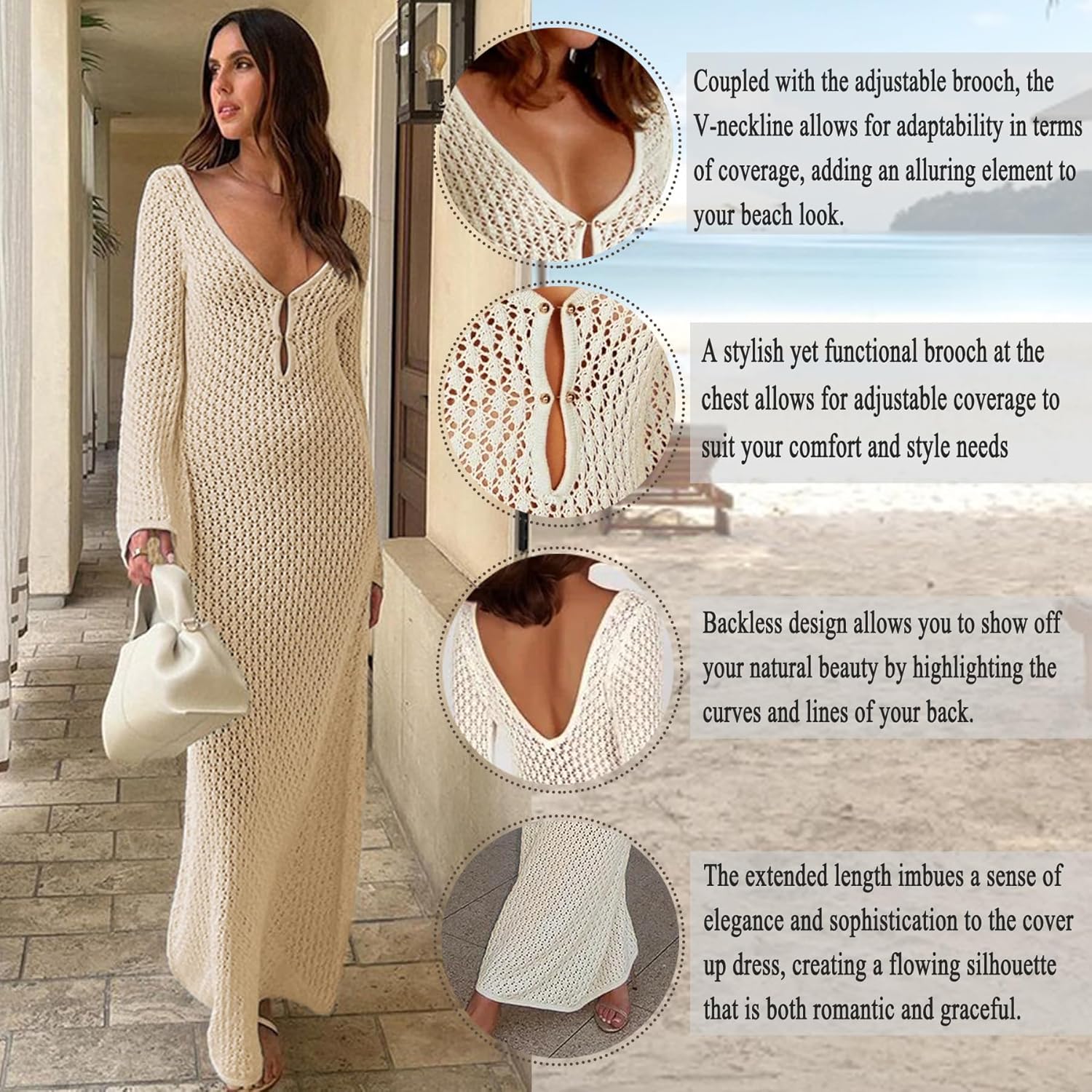 Leoparts Crochet Swimsuit Cover Up for Women Sexy V Neck Hollow Out Backless Maxi Dress Beach Bikini Coverup Dresses - Image 4