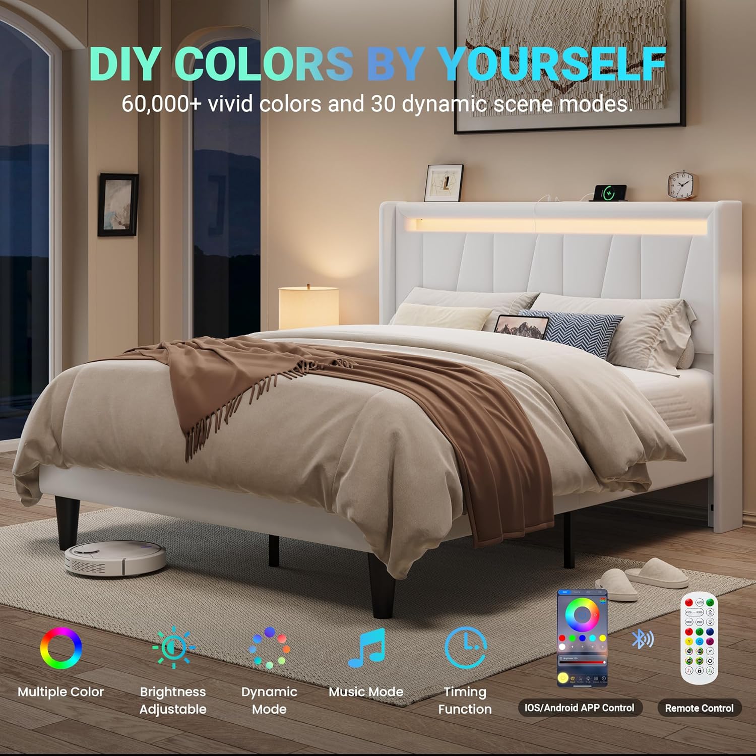 Allewie Queen Size LED Bed Frame with Charging Station, Velvet Upholstered Platform Bed with Geometric Wingback Headboard, Modern Frame with No Box Spring Needed, Easy Assembly, White - Image 5